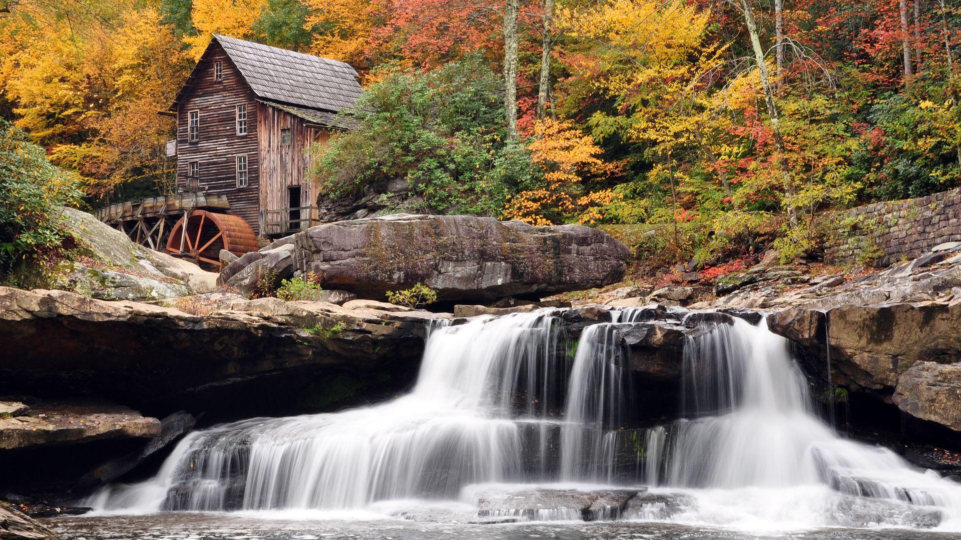 1920x1080 Nature wallpaper, waterfalls, autumn, Darkgray, Rosybrown