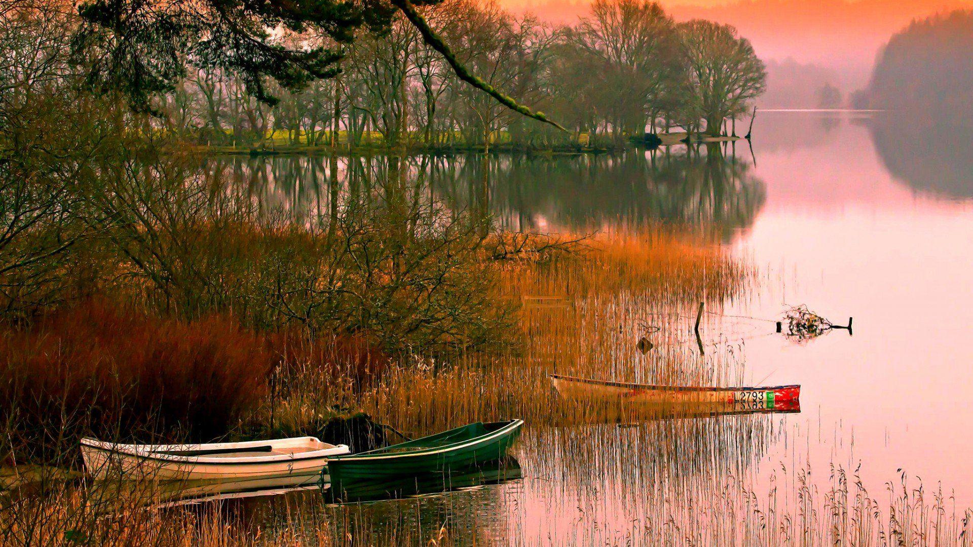 1920x1080 nature, Boat, Creek, Landscape, River, Sky, Sunset, Trees