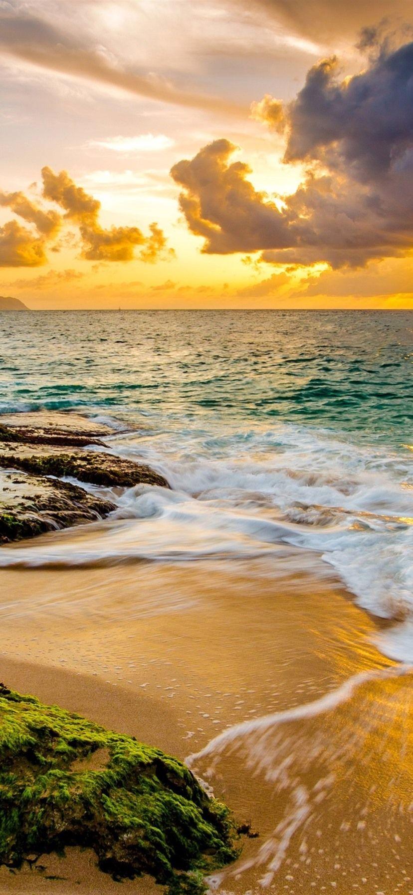 828x1792 Sea, coast, waves, clouds, sunset, algae, tropics, Hawaii