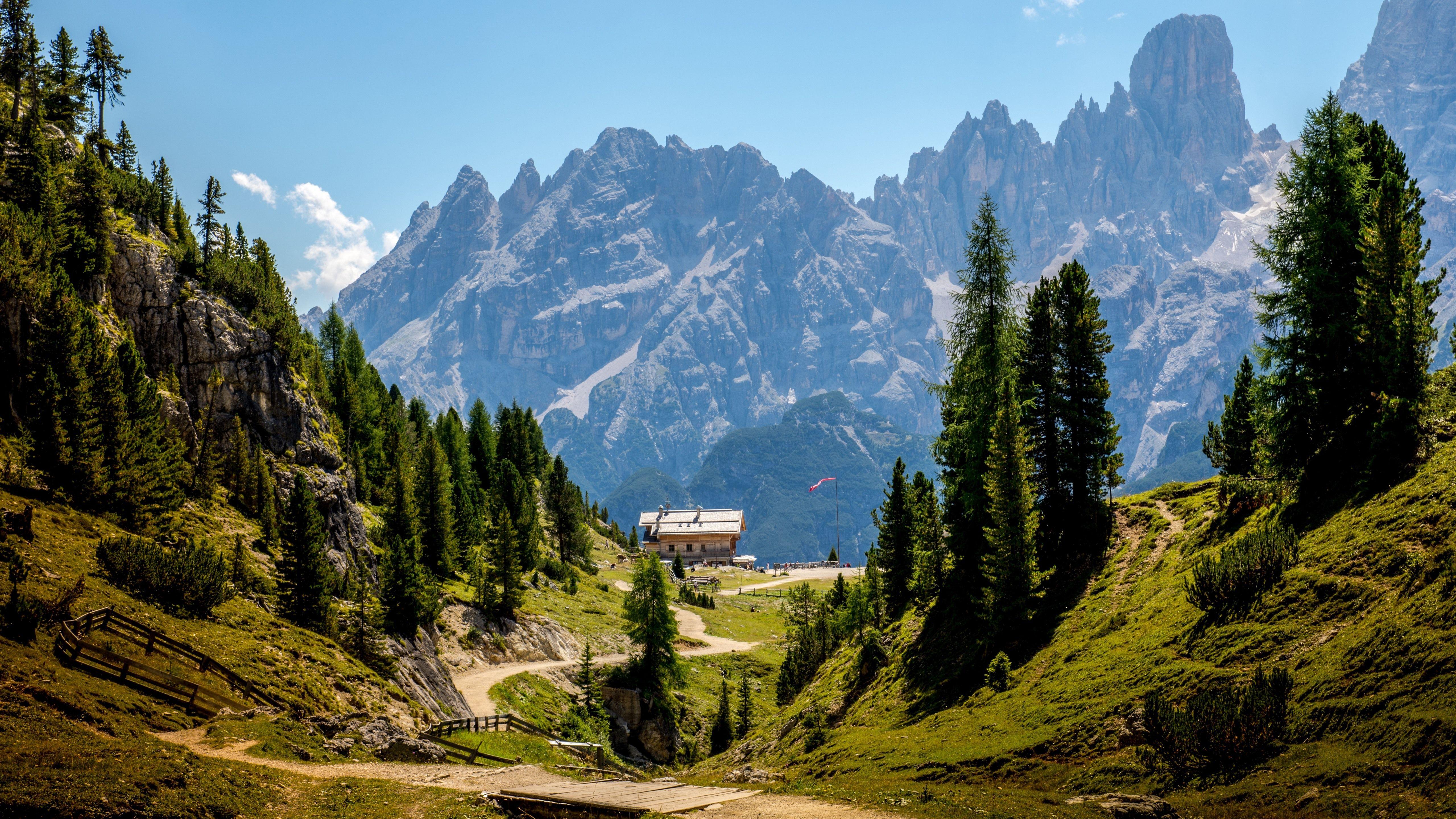 5120x2880 Wallpaper Dolomites, Italy, Alps, camp, trees 5120x2880 UHD 5K