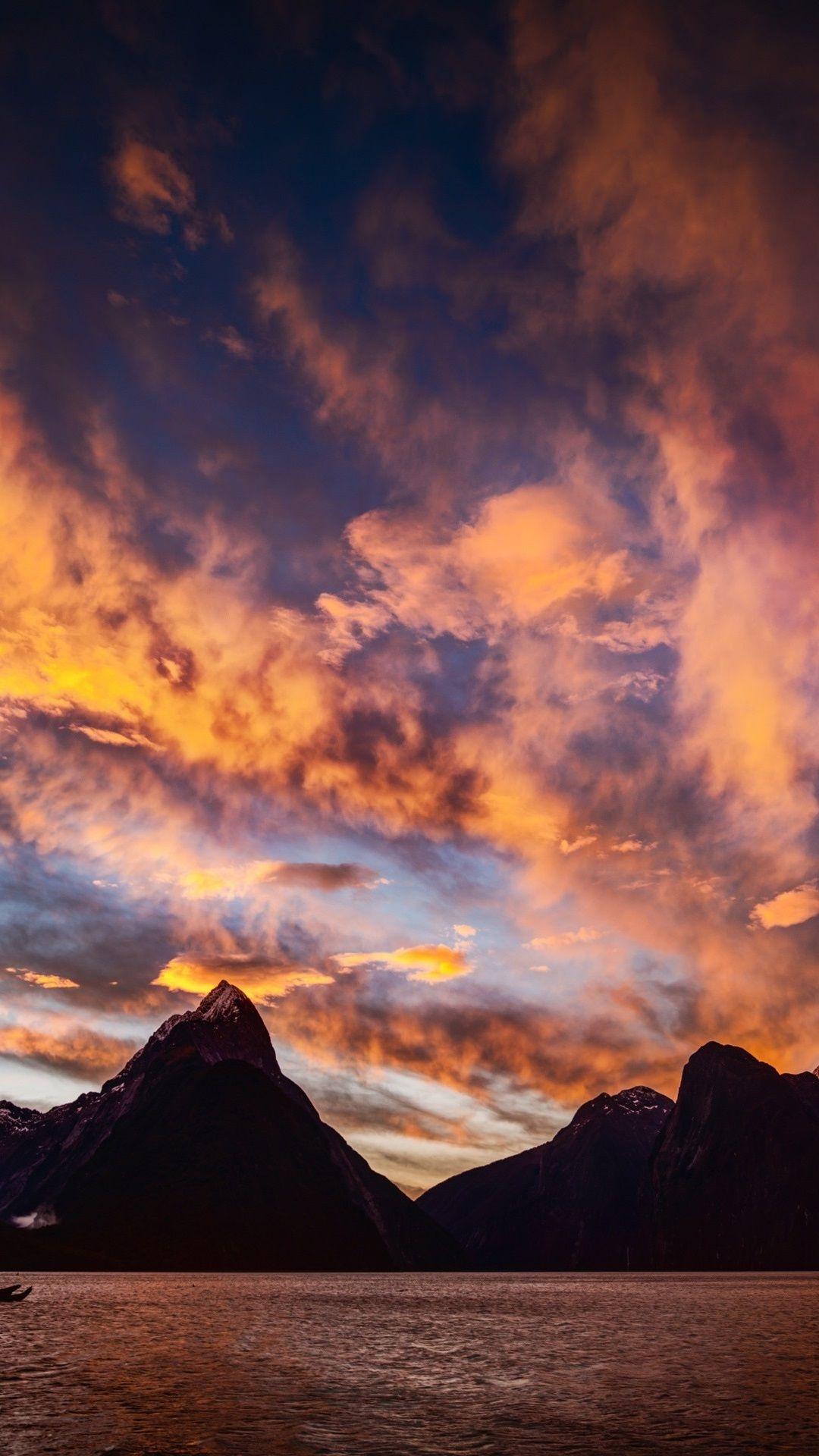 1080x1920 Wallpaper Milford Sound, New Zealand, sunset, mountains, sea