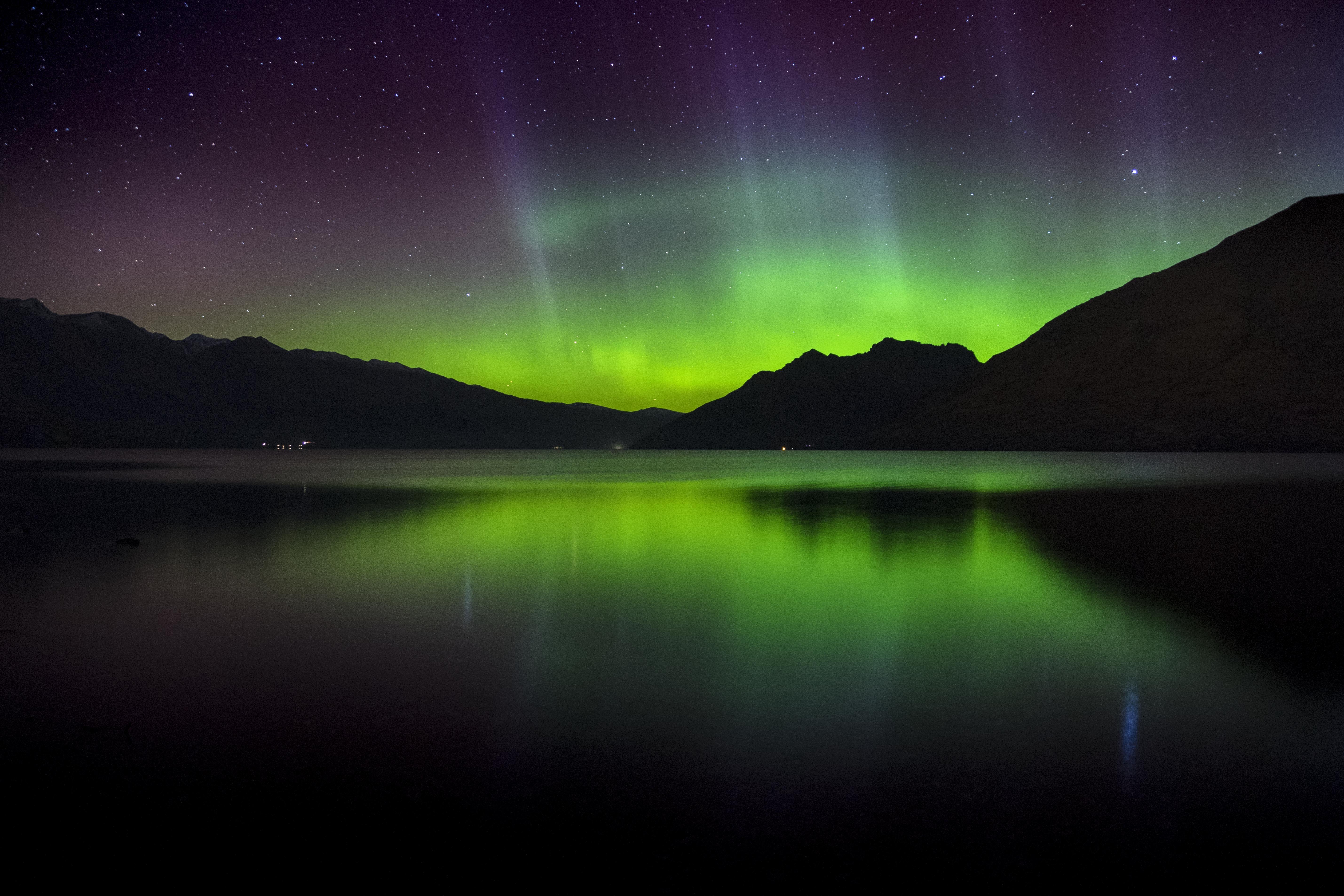 5716x3811 wallpaper northern lights, aurora, mountains, sunset, lake, new