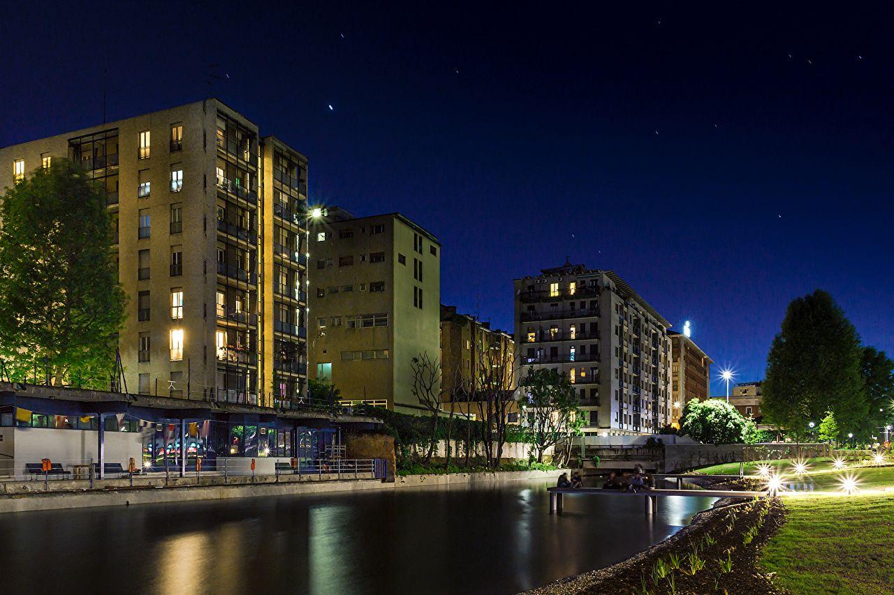 1280x853 Desktop Wallpaper Italy Milano Canal Night Street lights Cities