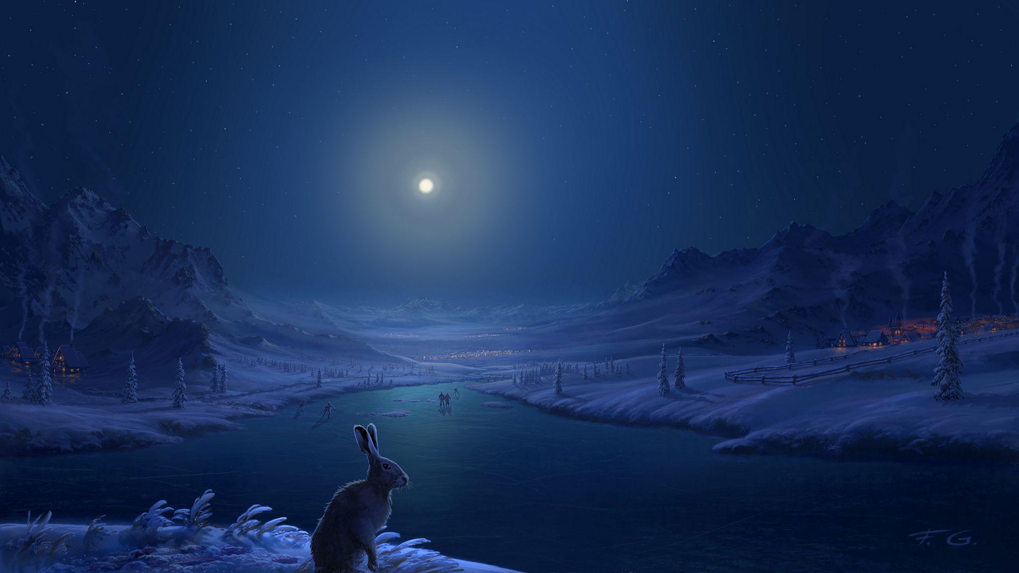 2048x1152 Rabbit Frozen Lake Dark Night, HD Artist, 4k Wallpaper, Image, Background, Photo and Picture