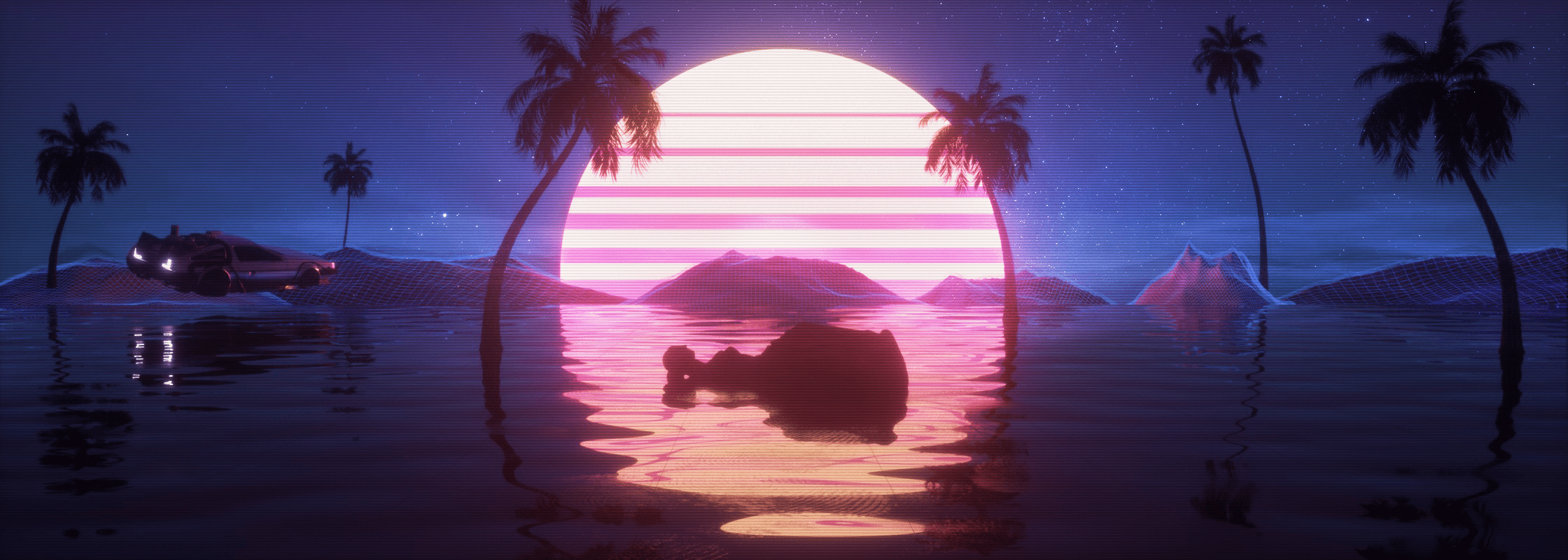 2240x800 Vaporwave 3D Render Banner. Anime background
