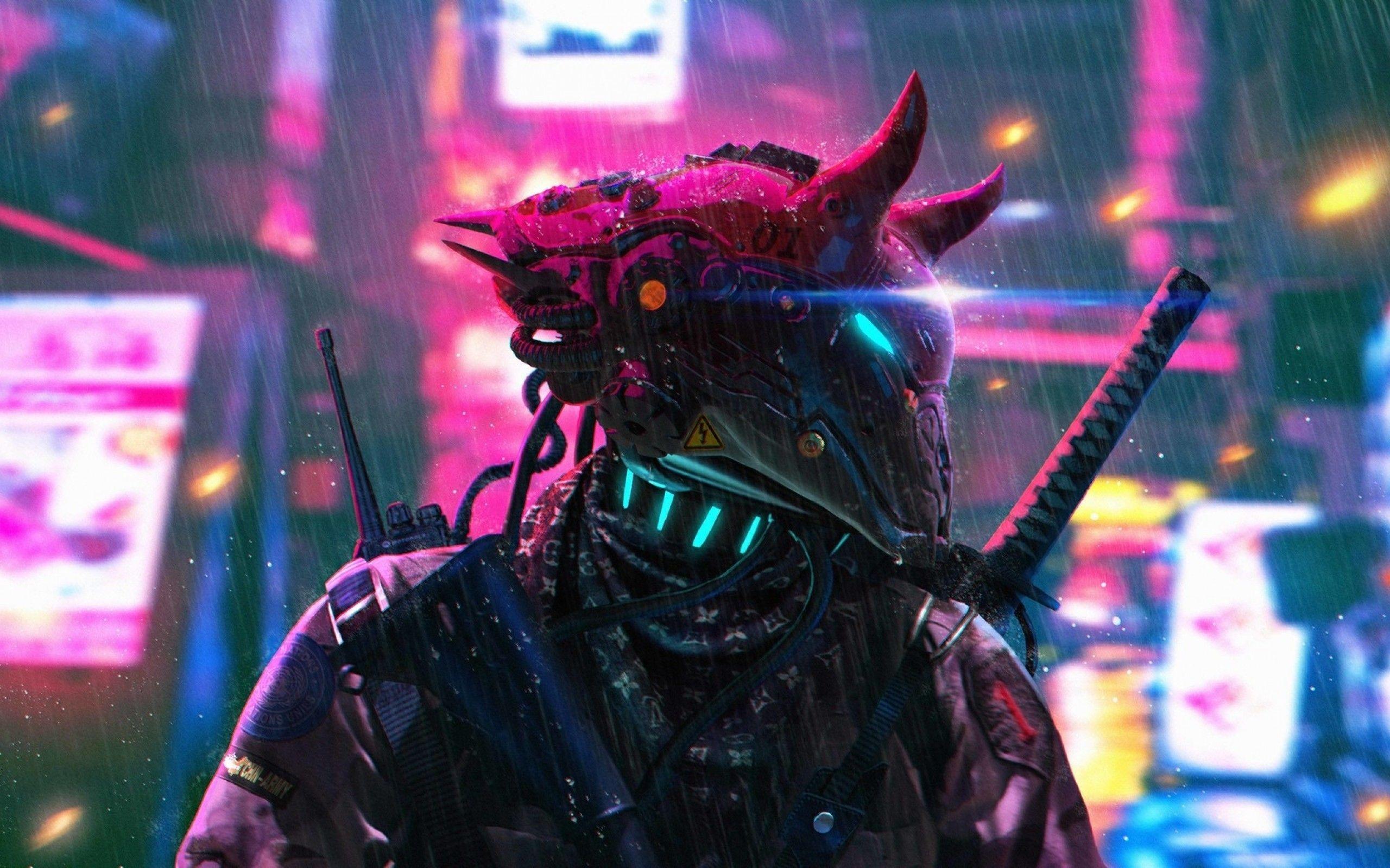 2560x1600 Download 2560x1600 Neon City, Cyberpunk Warrior, Sci Fi