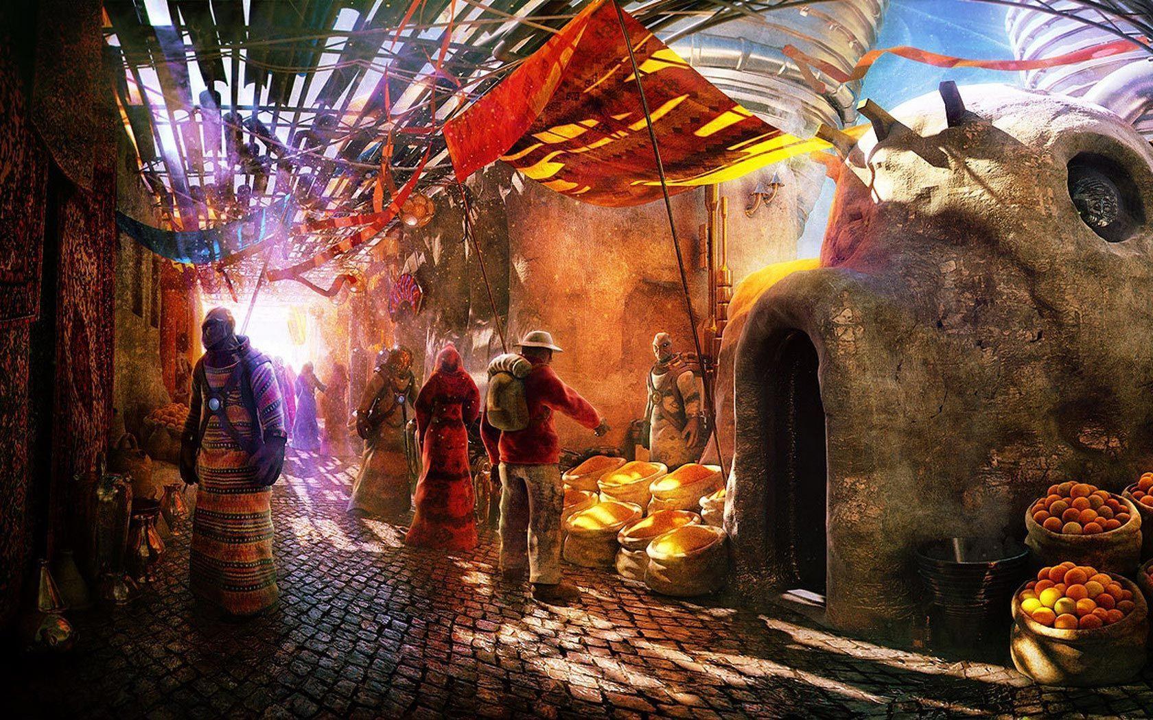1680x1050 Fantasy Traveler on Alien Market. Environmental art