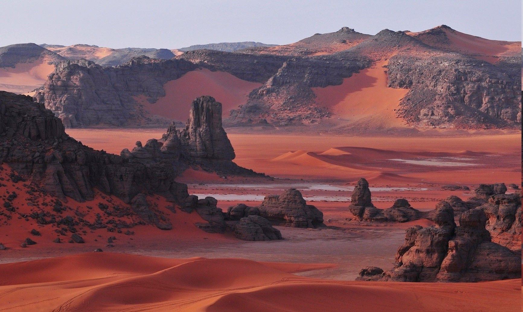 1733x1036 desert, Sahara, Algeria, Dune, Rock, Mountain, Red, Nature