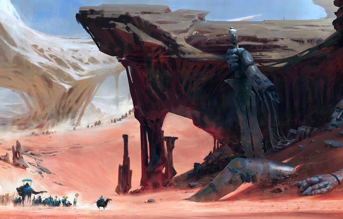 1332x850 Wallpaper sword, fantasy, Robot, desert, rocks, people, sand