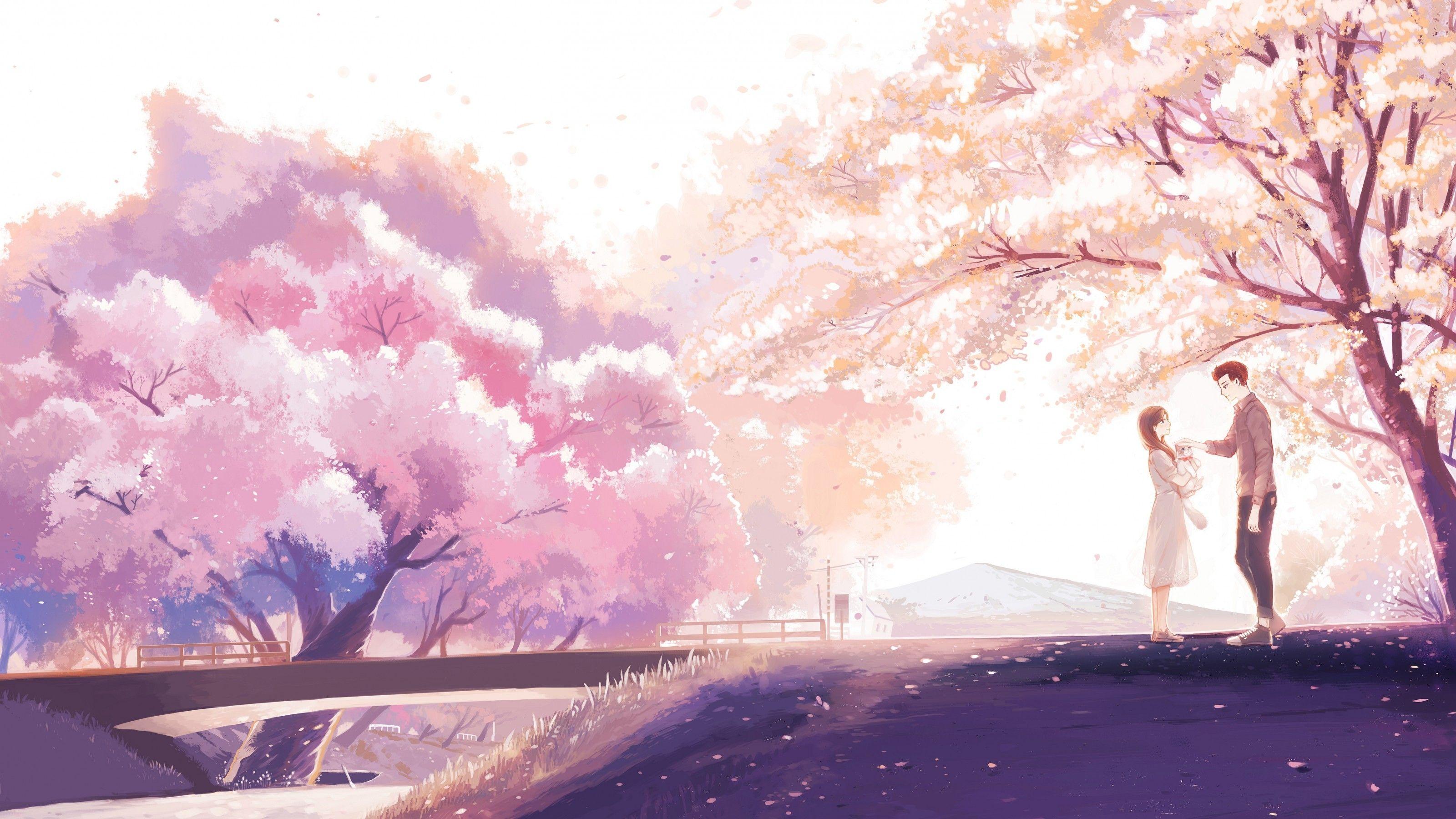 3200x1800 Download 3200x1800 Anime Couple, Cherry Blossom, Romance, River