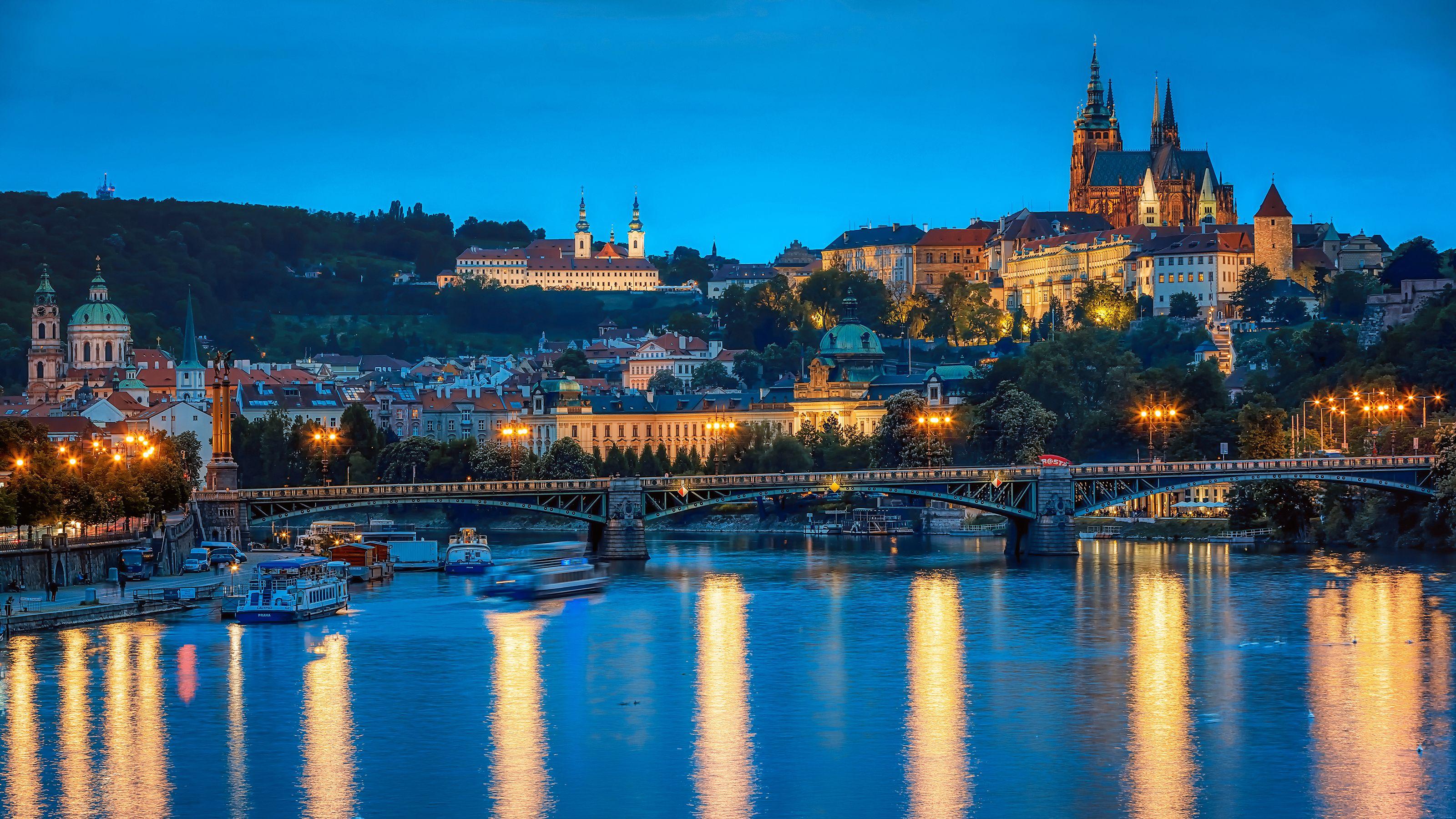 3200x1800 Photo Prague Czech Republic bridge Riverboat river Evening 3200x1800