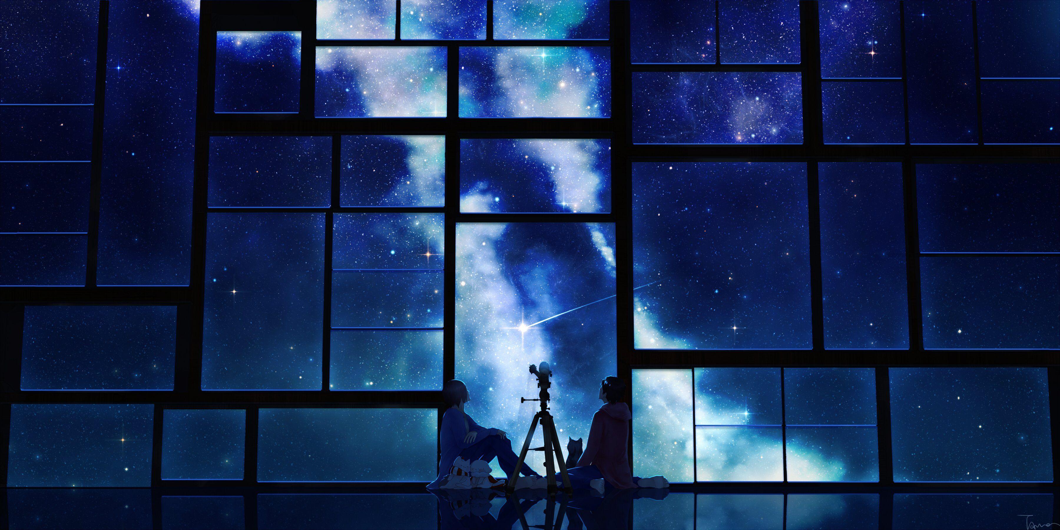 3600x1800 Tamagosho anime blue sky stars telescope night window wallpaper
