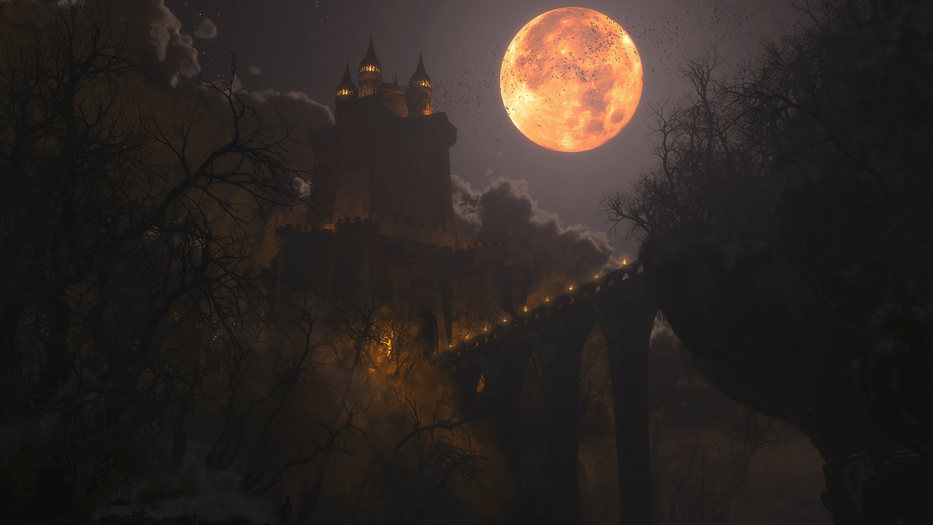 3200x1800 Moon, castle, bridge, batsx1800 Wallpaper