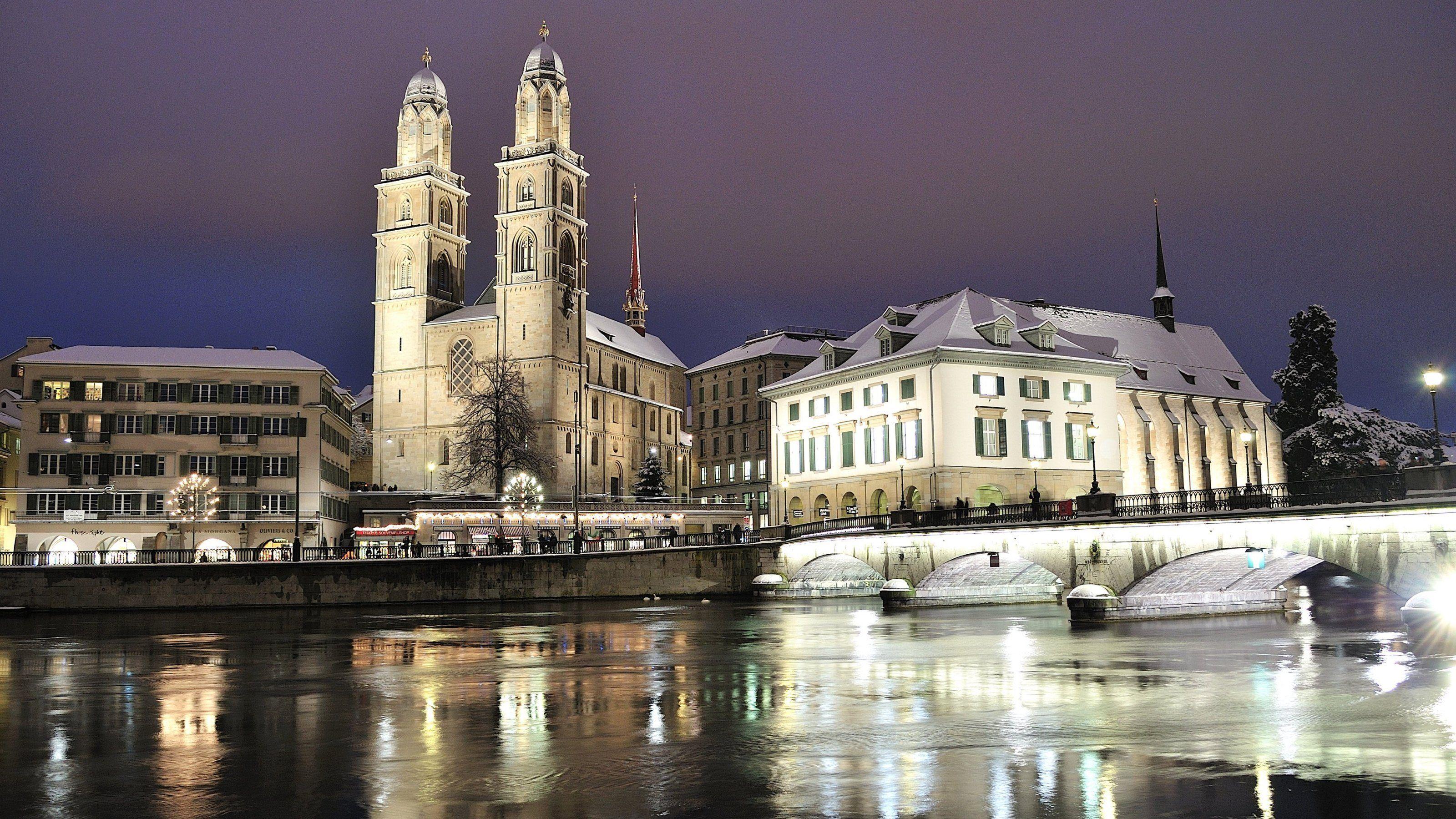 3200x1800 Download wallpaper lights, zurich, street, city, switzerland