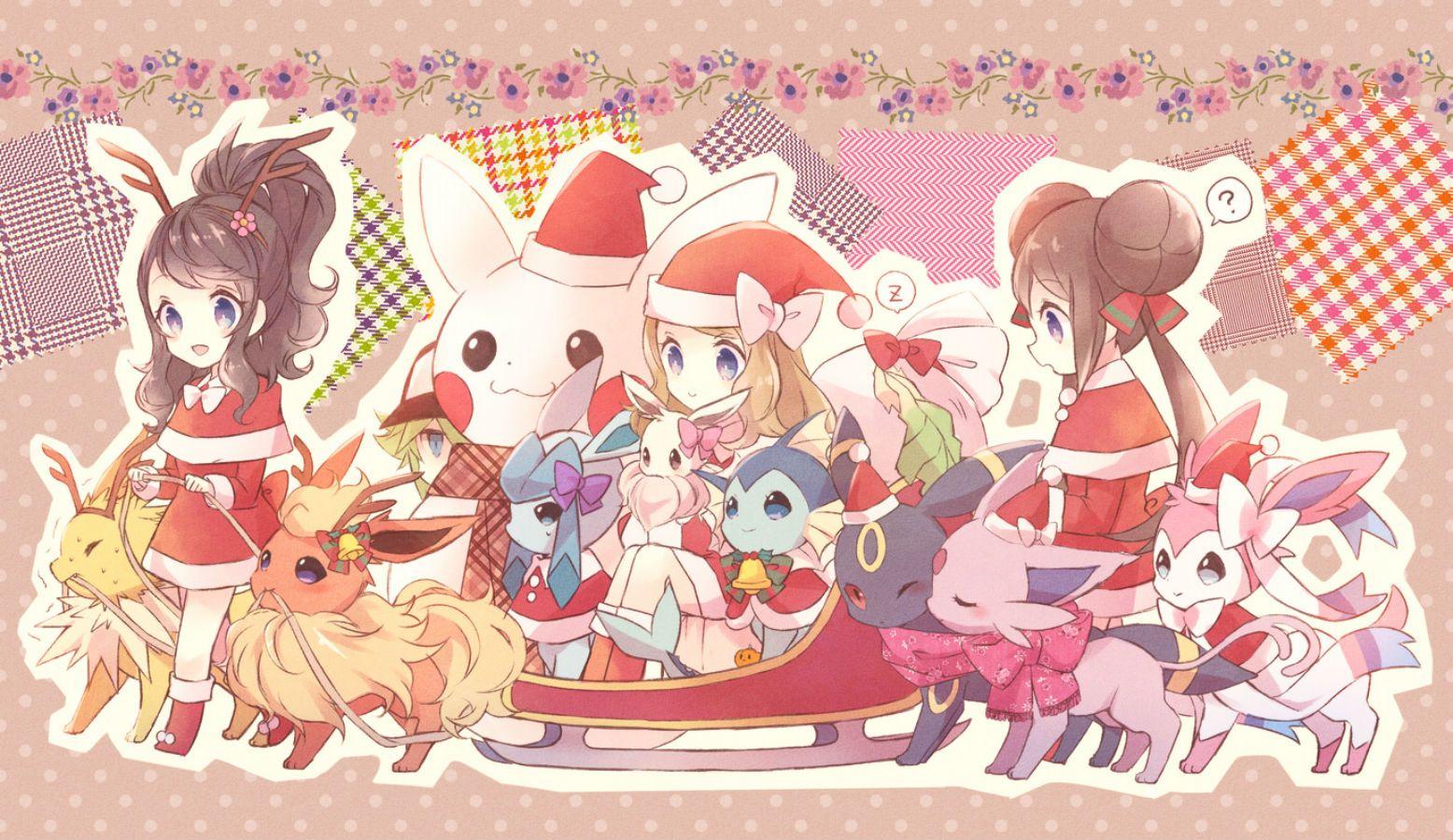 1556x900 pokemon, Bell, Bow, Christmas, Eevee, Espeon, Flareon, Flowers, Glaceon, Hat, Jolteon, Leafeon, N, Pikachu, Pokemon, Ponytail, Scarf, Snowman, Sylveon, Torute, Umbreon, Vaporeon Wallpaper HD / Desktop and Mobile Background