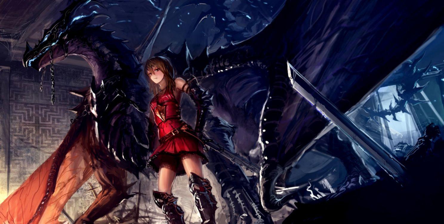 1488x752 Art Girl Dragon HD Wallpaper