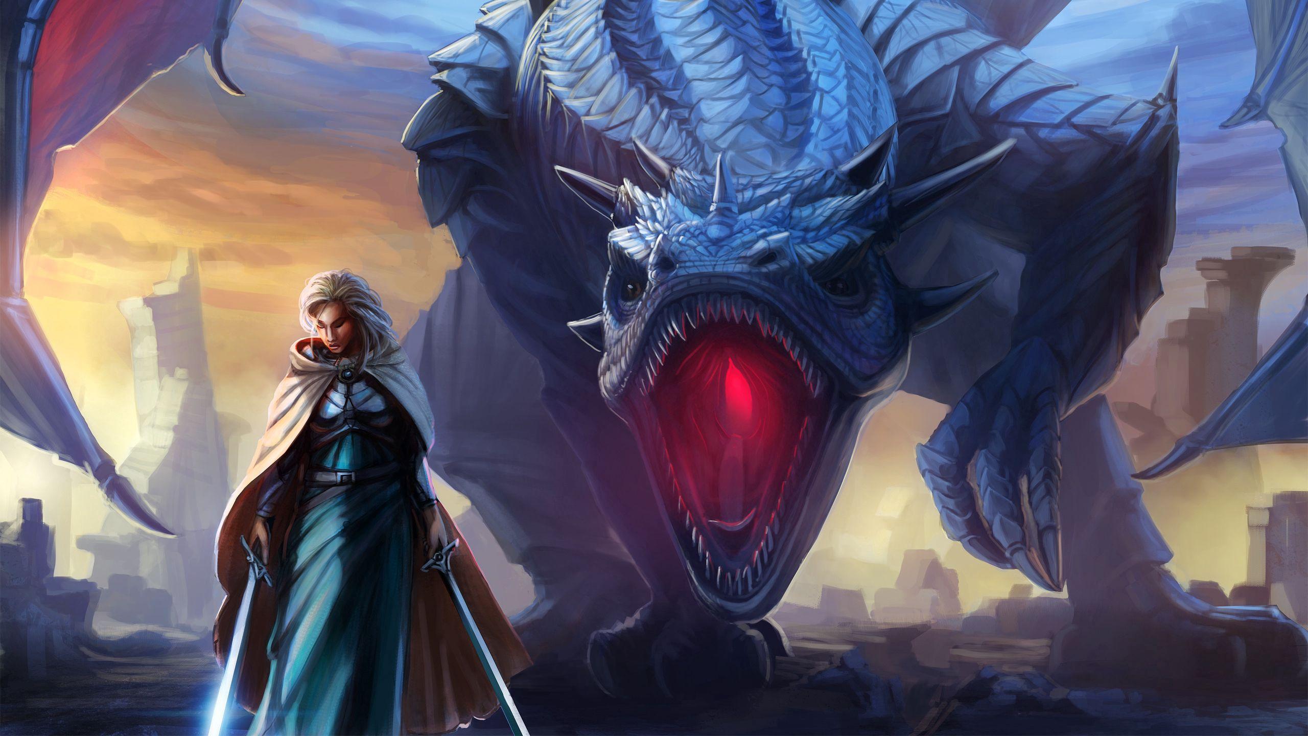 2560x1440 Download wallpaper 2560x1440 girl, dragon, fantasy, sword, wings