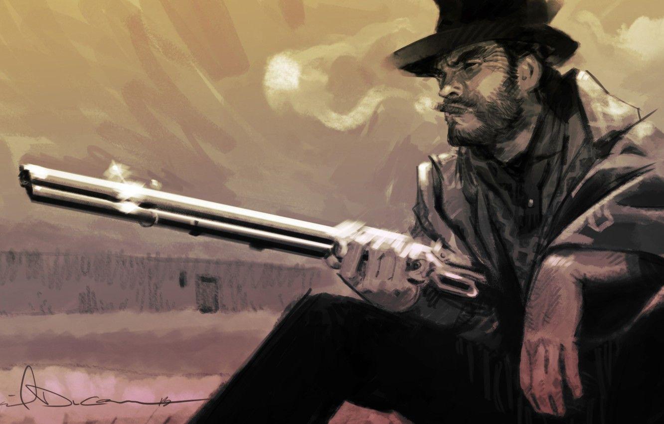 1332x850 Wallpaper figure, hat, art, cigar, pencil, painting, Winchester