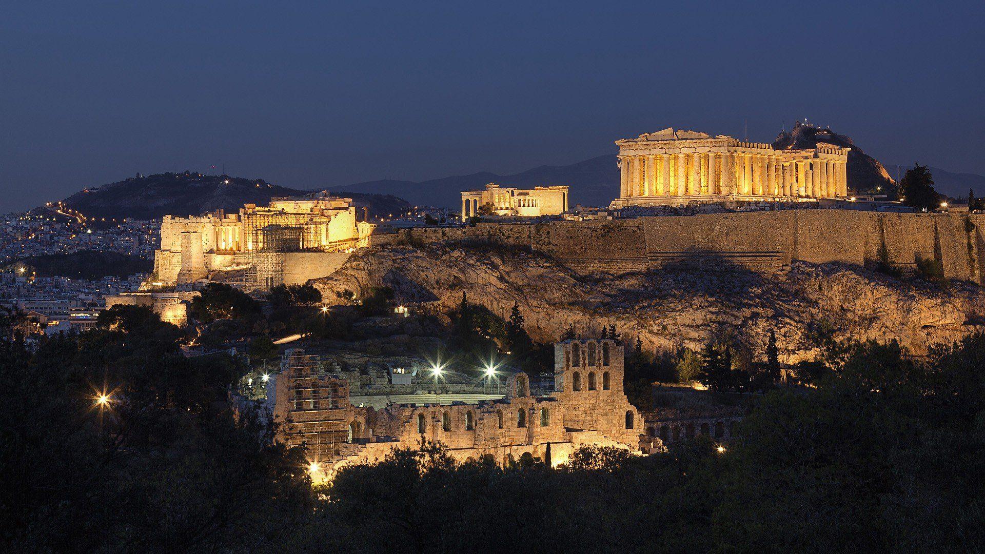 1920x1080 Mountains cityscapes night Greece historic Athens Acropolis