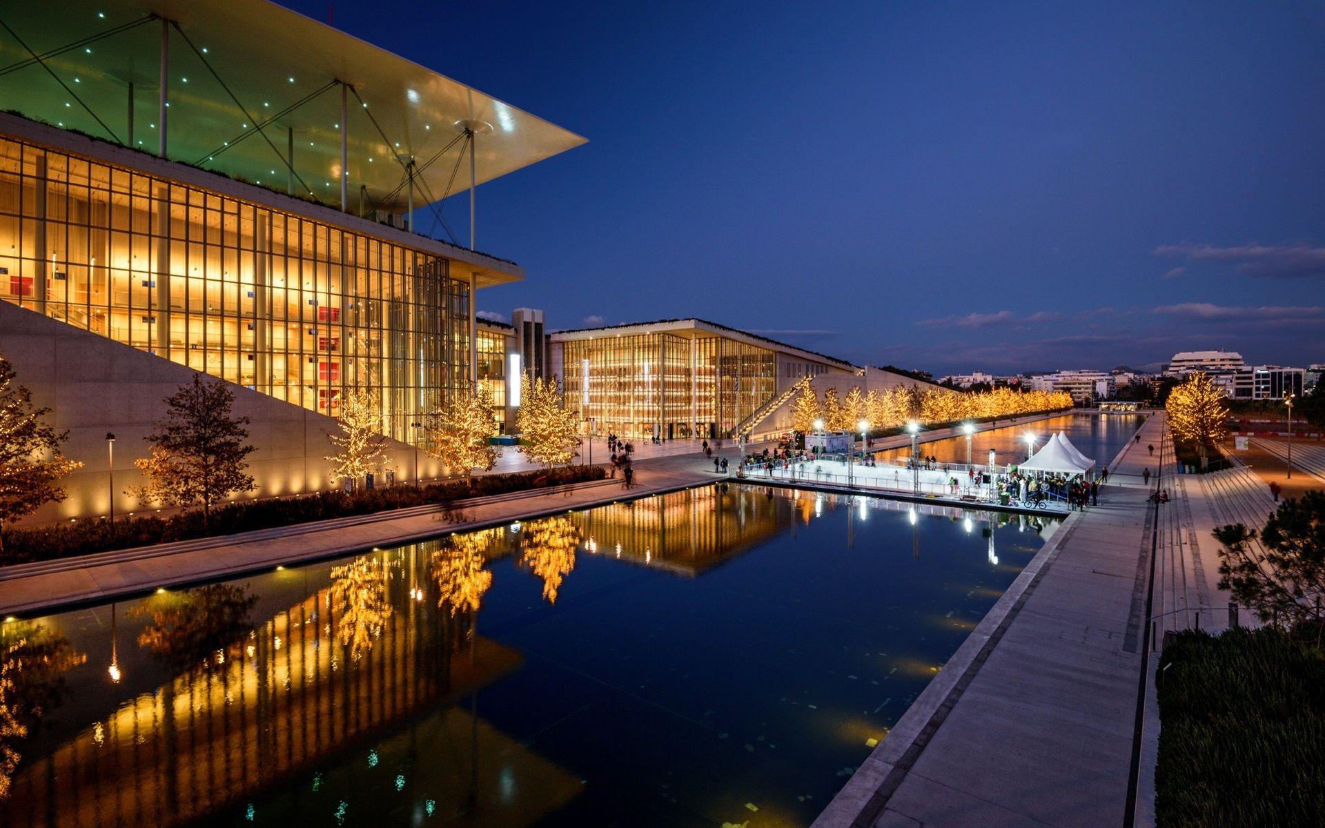 1920x1200 Wallpaper Greece, Athens, buildings, lake, lights, night 1920x1200