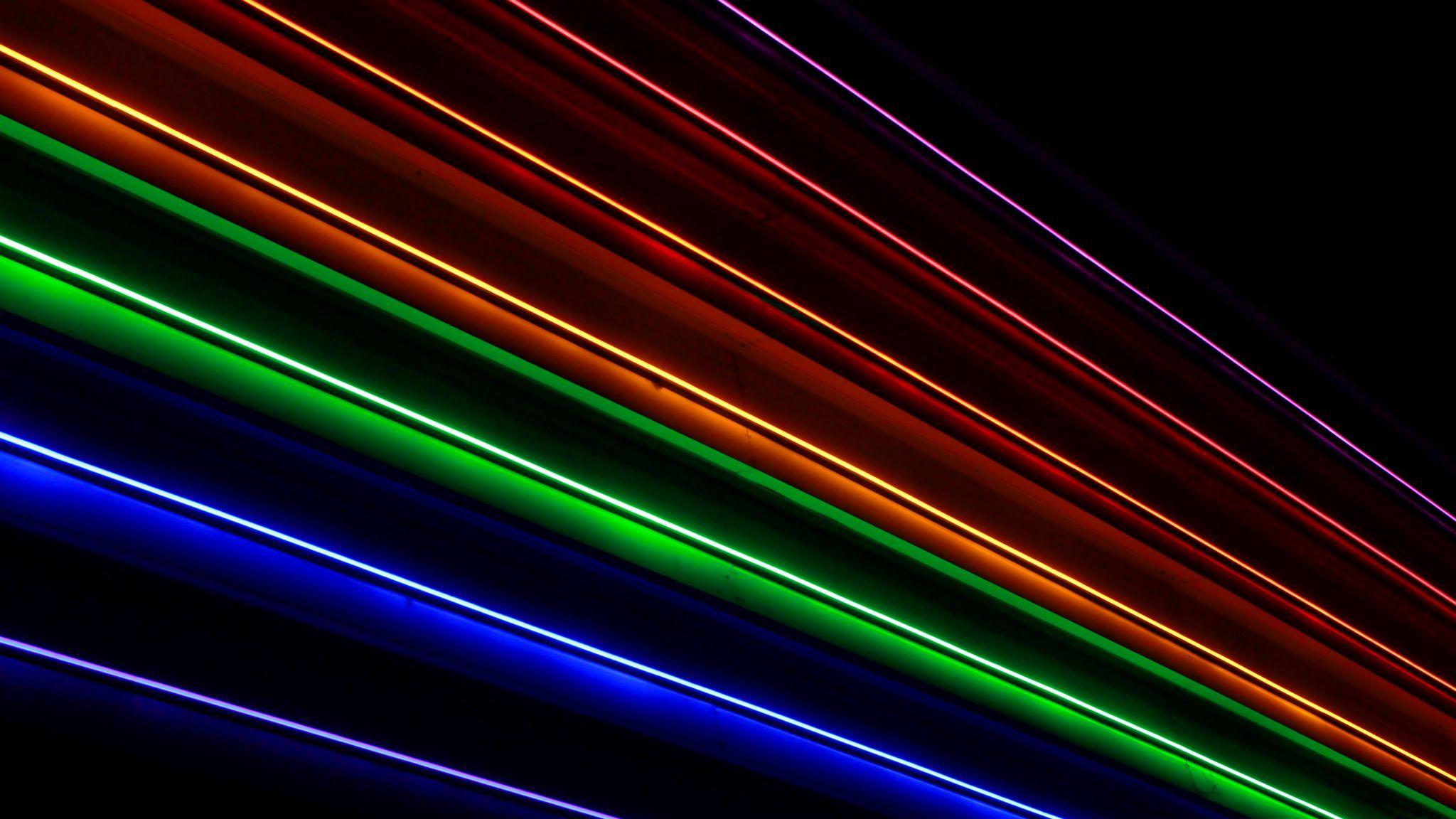 2048x1152 Download wallpaper 2048x1152 stripes, rainbow, neon, dark