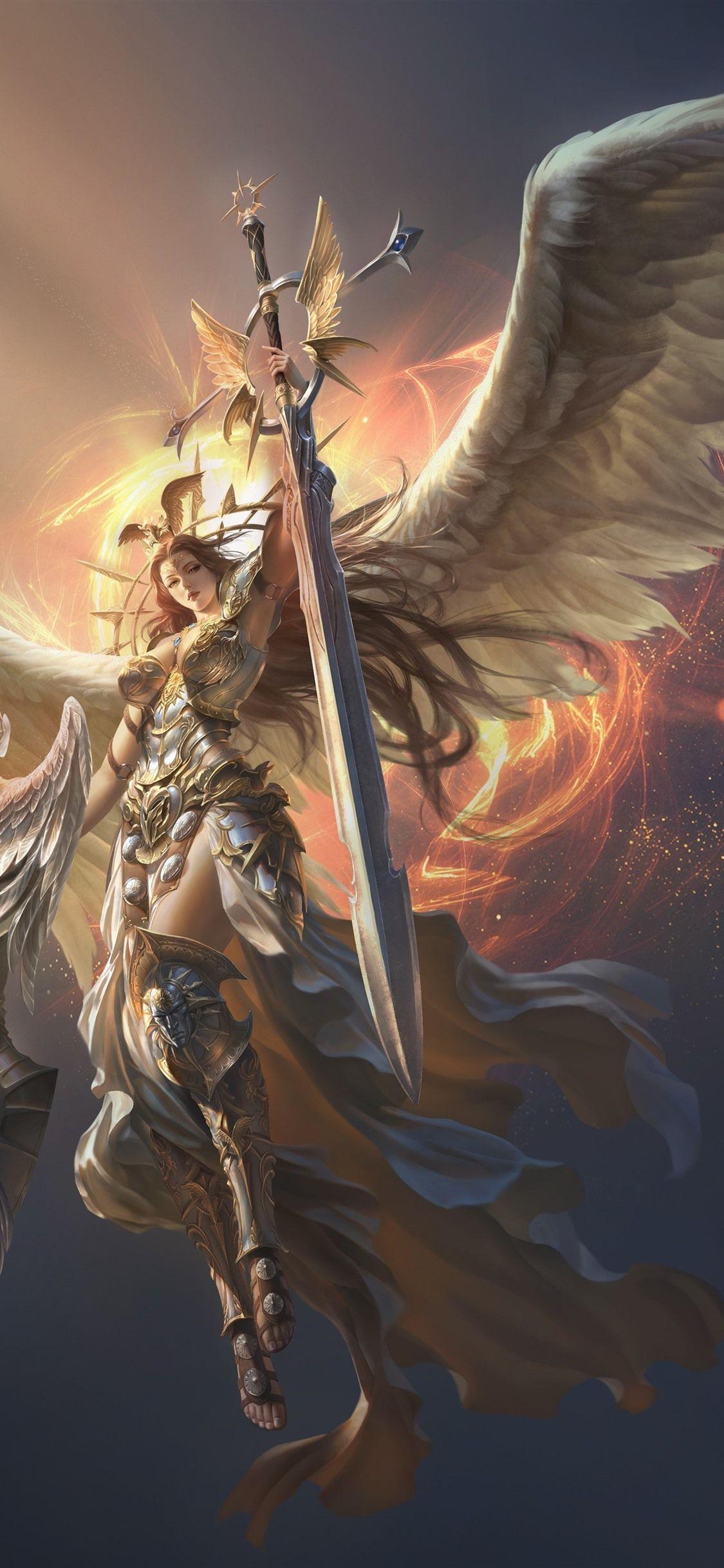 1125x2436 Wallpaper League of Angels, beautiful angel, wings, sword