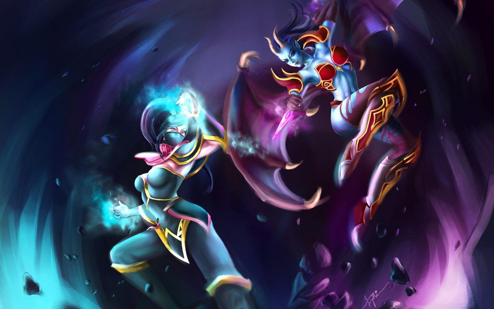 1680x1050 Dota 2 Video Game Templar assassin Akasha vs Lanaya girl fighting