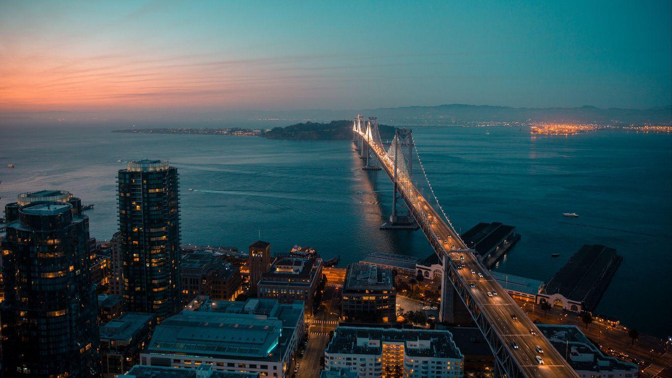 1366x768 Download wallpaper 1366x768 san francisco, night city, bridge, top view tablet, laptop HD background