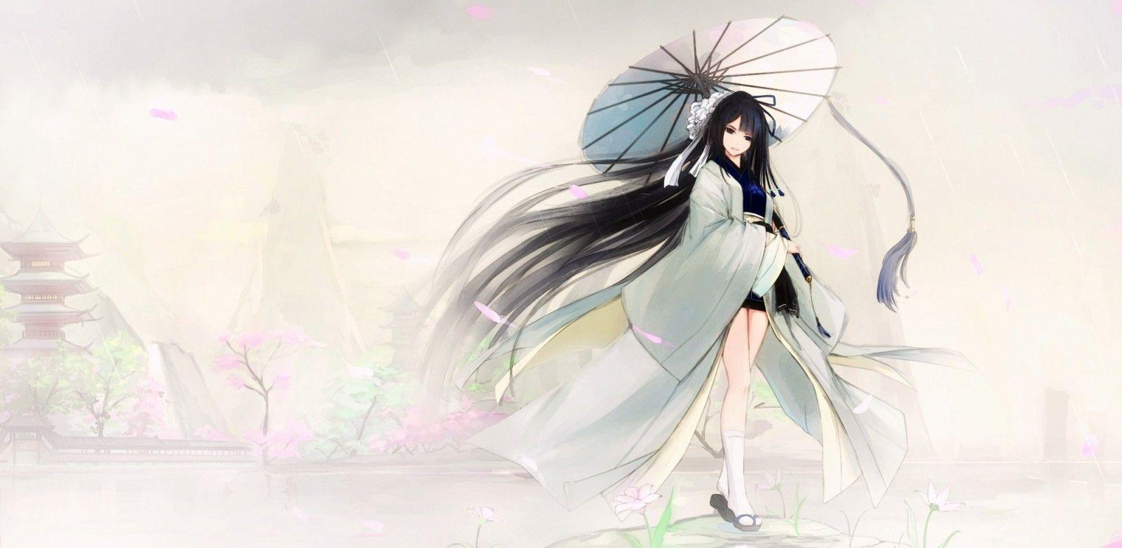 1600x782 drawing, illustration, anime, anime girls, umbrella