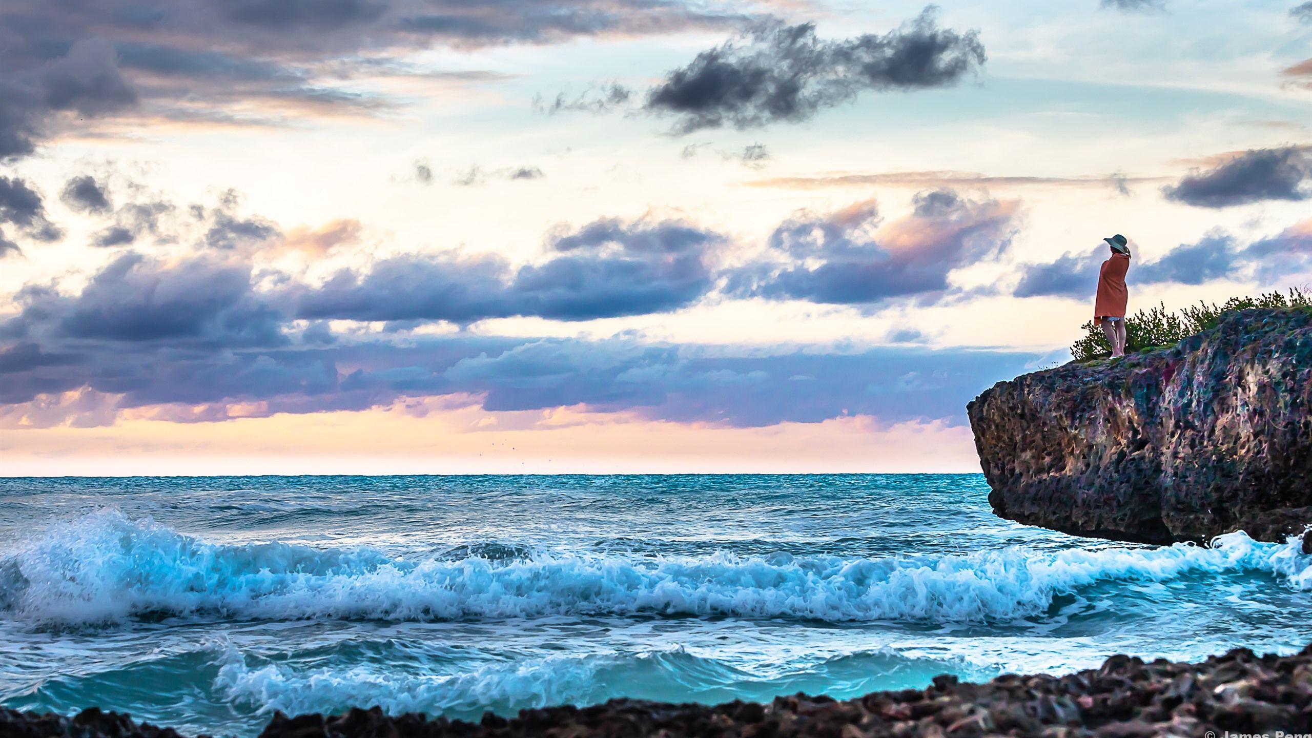 2560x1440 Wallpaper Caribbean, sea, waves, foam, clouds, girl, rocks
