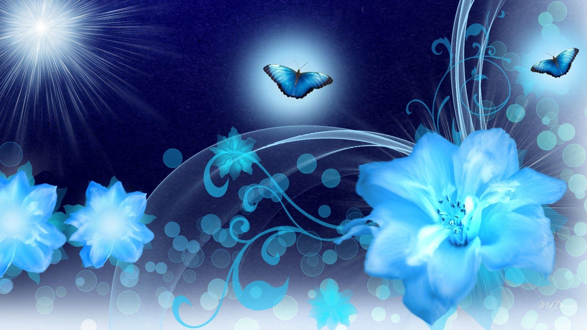1920x1080 Flowers: Night Blues Bright Blooms Blossoms Butterfly Flowers