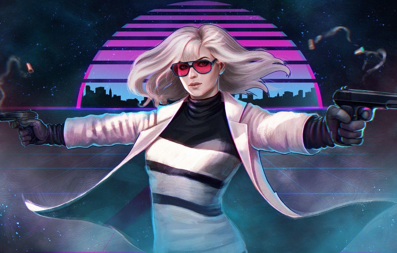 1332x850 Wallpaper girl, gun, Charlize Theron, glasses, cloak, art