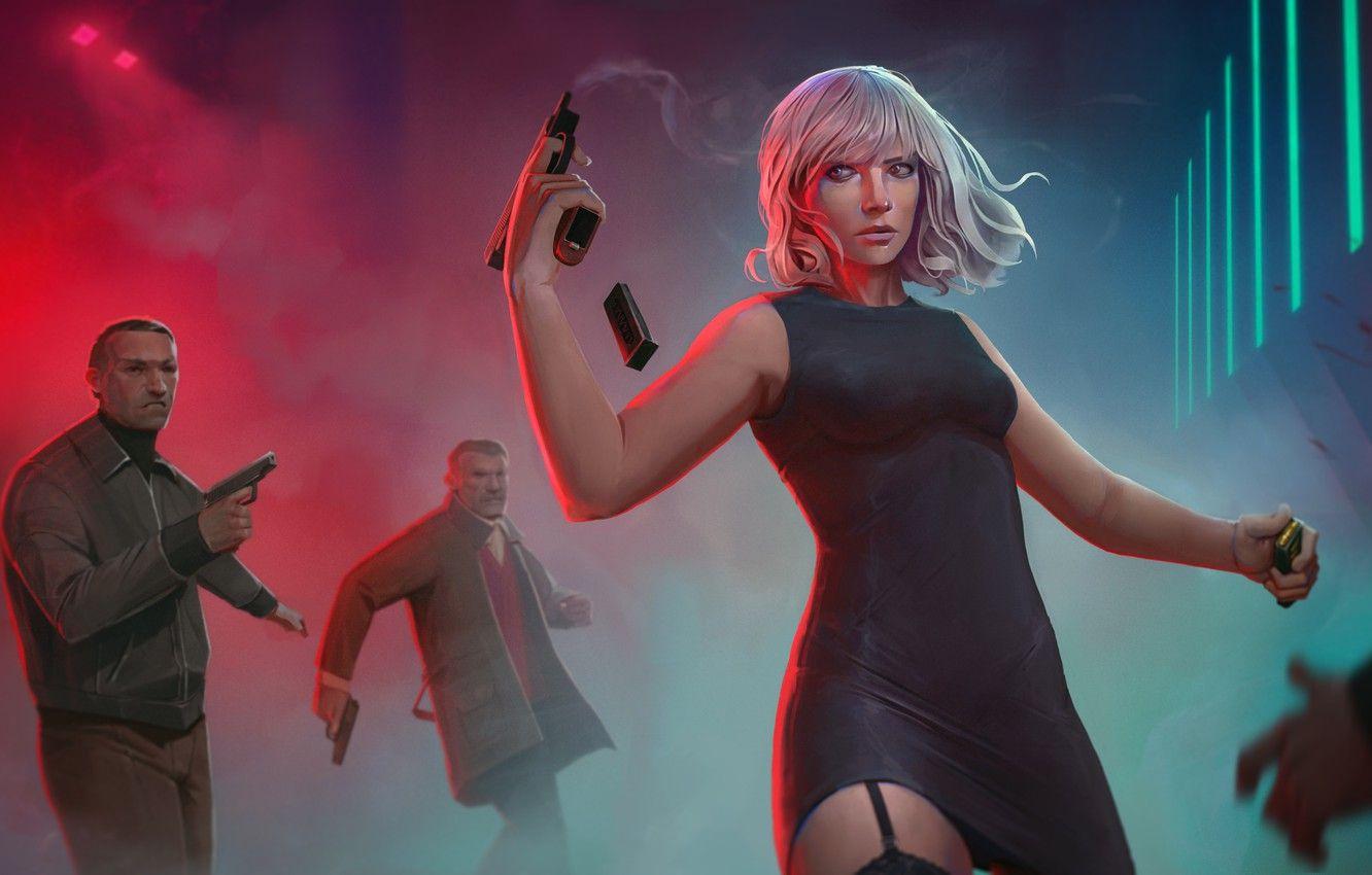 1332x850 Wallpaper girl, gun, Charlize Theron, male, killer, Lorraine