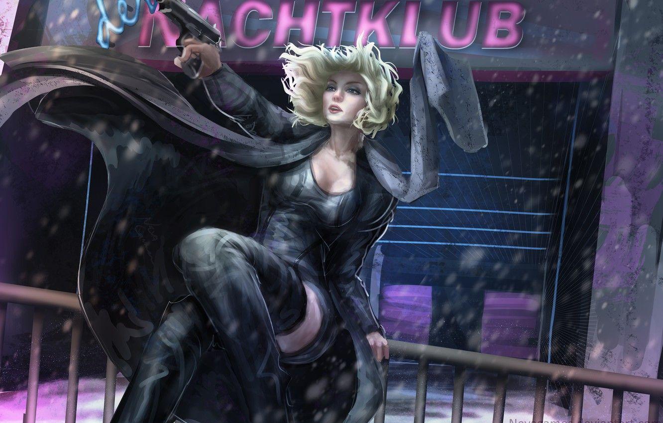 1332x850 Wallpaper girl, gun, Charlize Theron, scarf, art, blonde, cloak