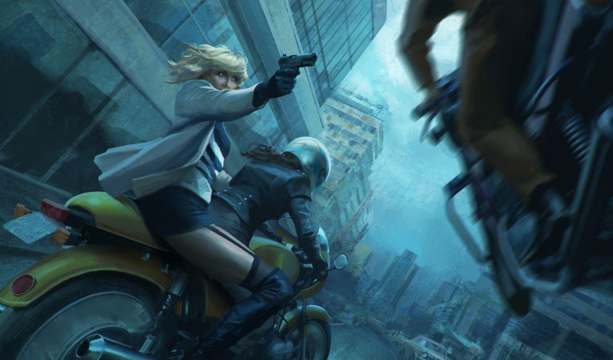 1191x700 Atomic Blonde Blond Gun Motorcycle Woman Warrior wallpaper
