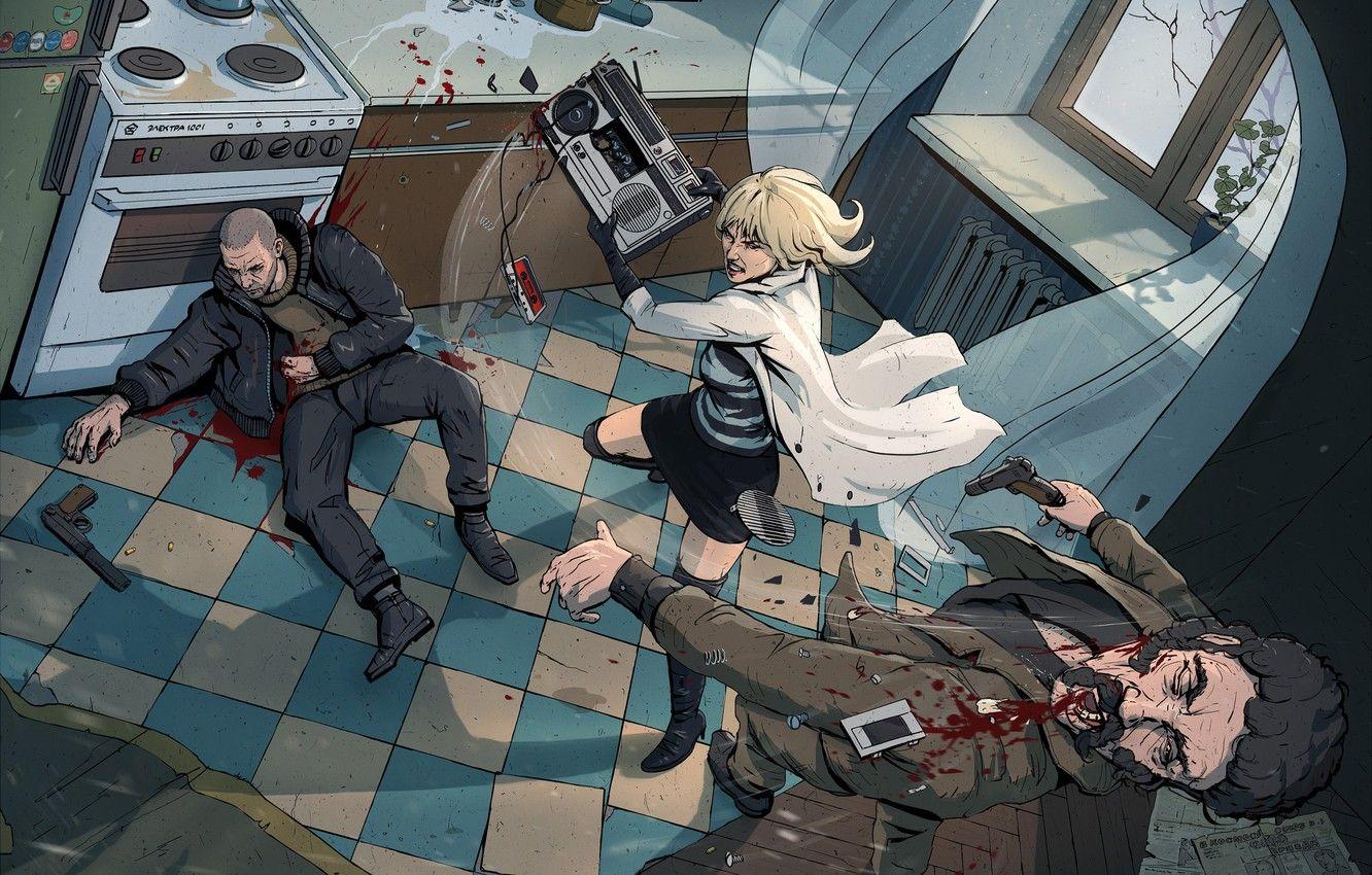 1332x850 Wallpaper girl, Charlize Theron, battle, fight, blonde, art, tape