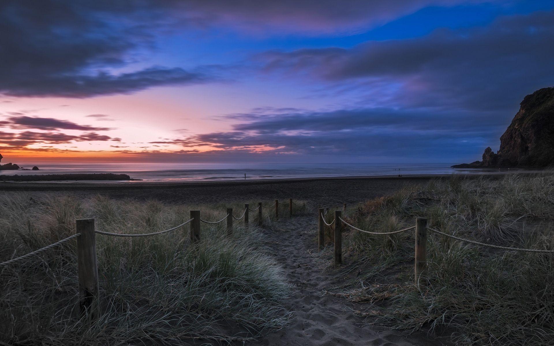 1920x1200 Wallpaper New Zealand, beach, grass, sunset 1920x1200 HD Picture