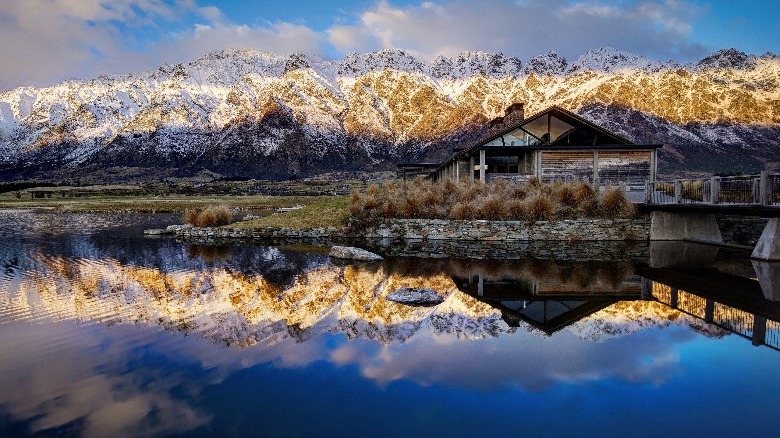 2560x1440 #mountains, #lake, #sunset, #New Zealand, #house
