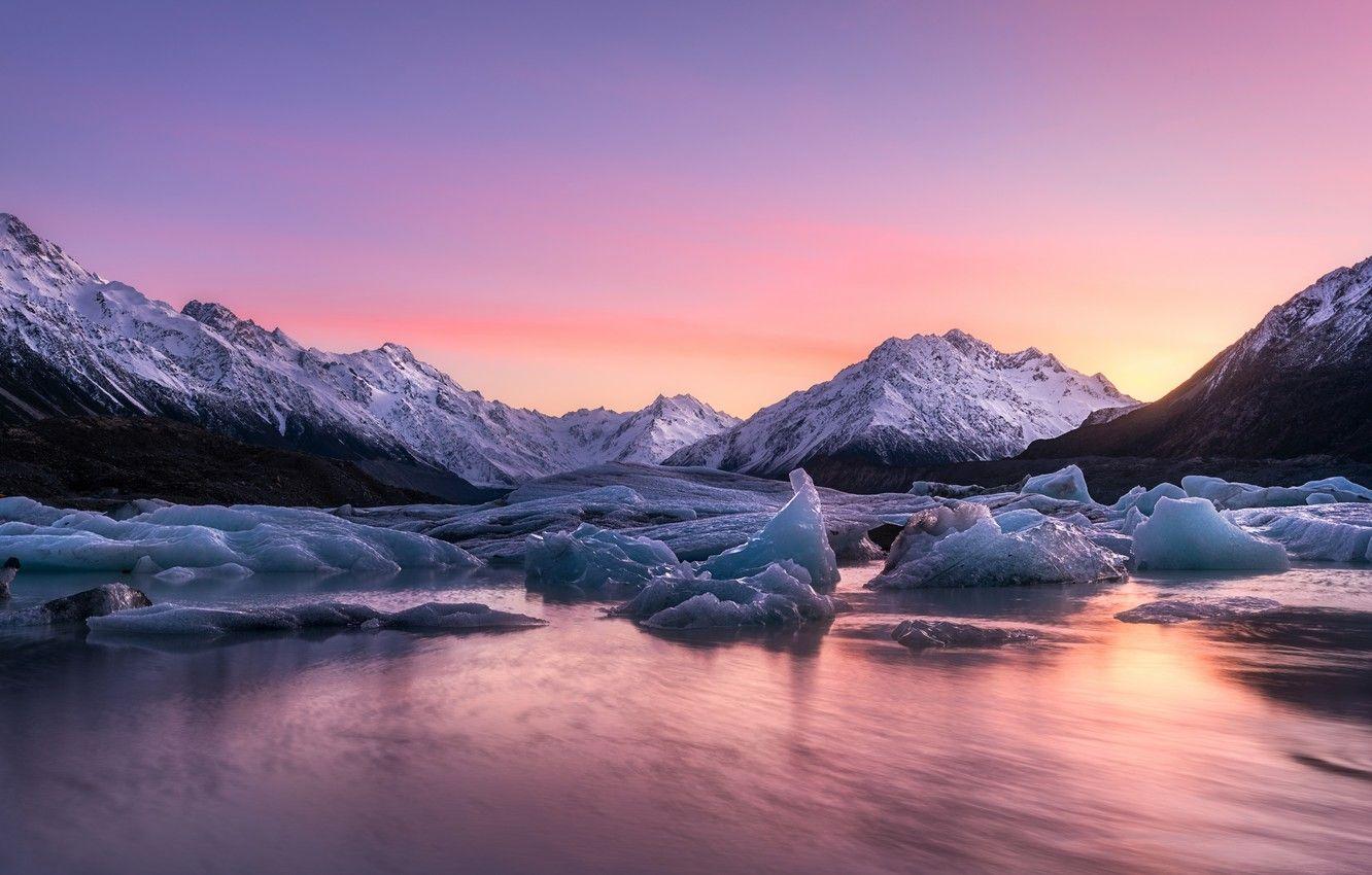 1332x850 Wallpaper sunset, lake, ice, New Zealand, Lake Tasman image