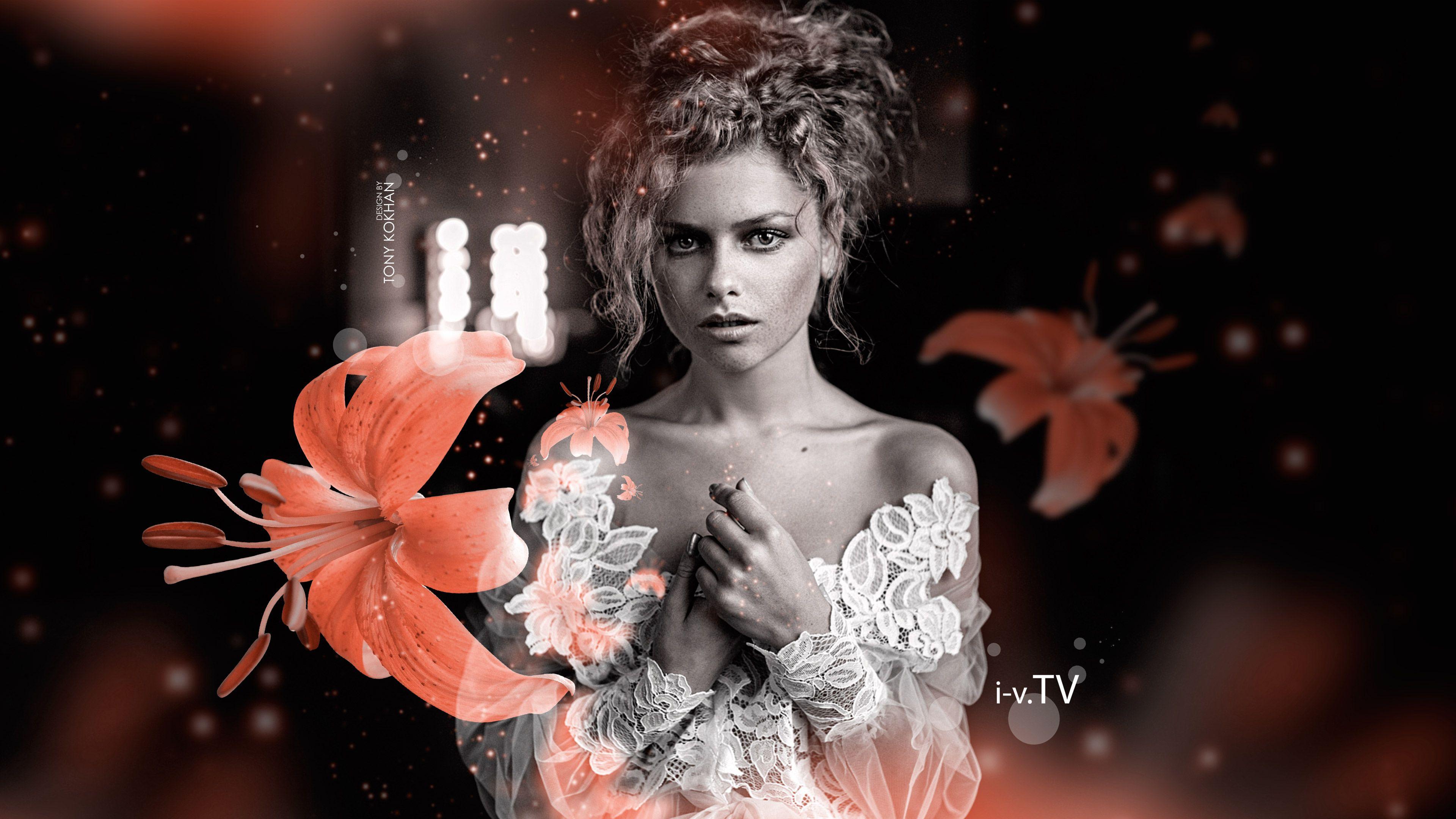 3840x2160 RedHead Girl Photohop Flowers Art Style 2016 Wallpaper el Tony
