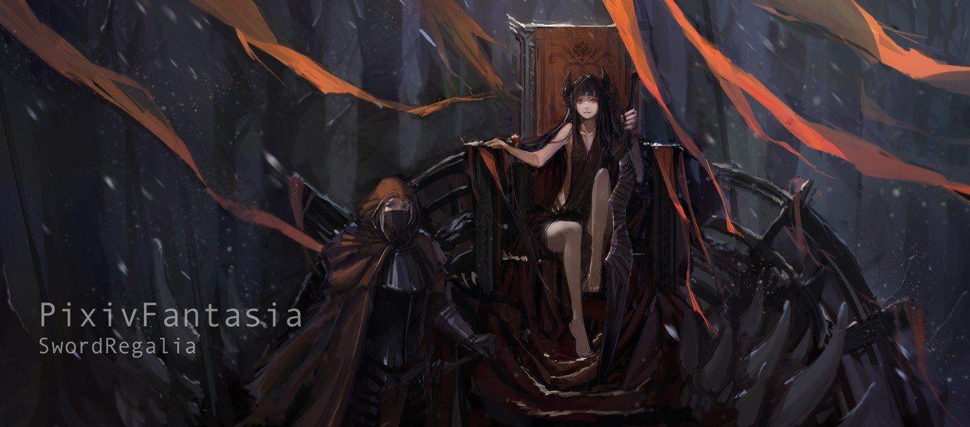 1400x617 Anime Girls Armor Black Hair Blade Demon Girl Demons Fantasy Art