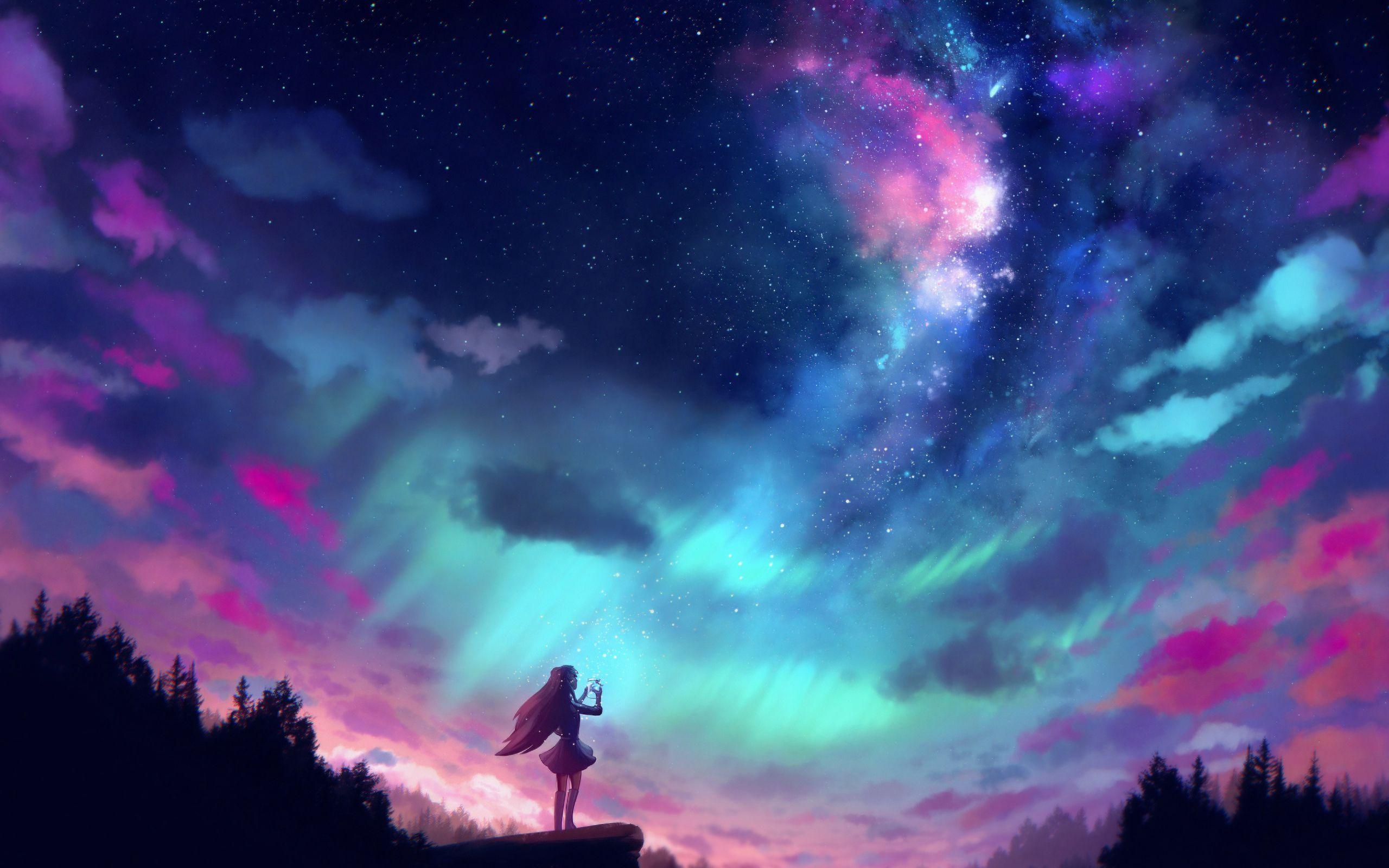 2560x1600 Wallpaper of Aurora Borealis, Girl, Sky, Woman background & HD image