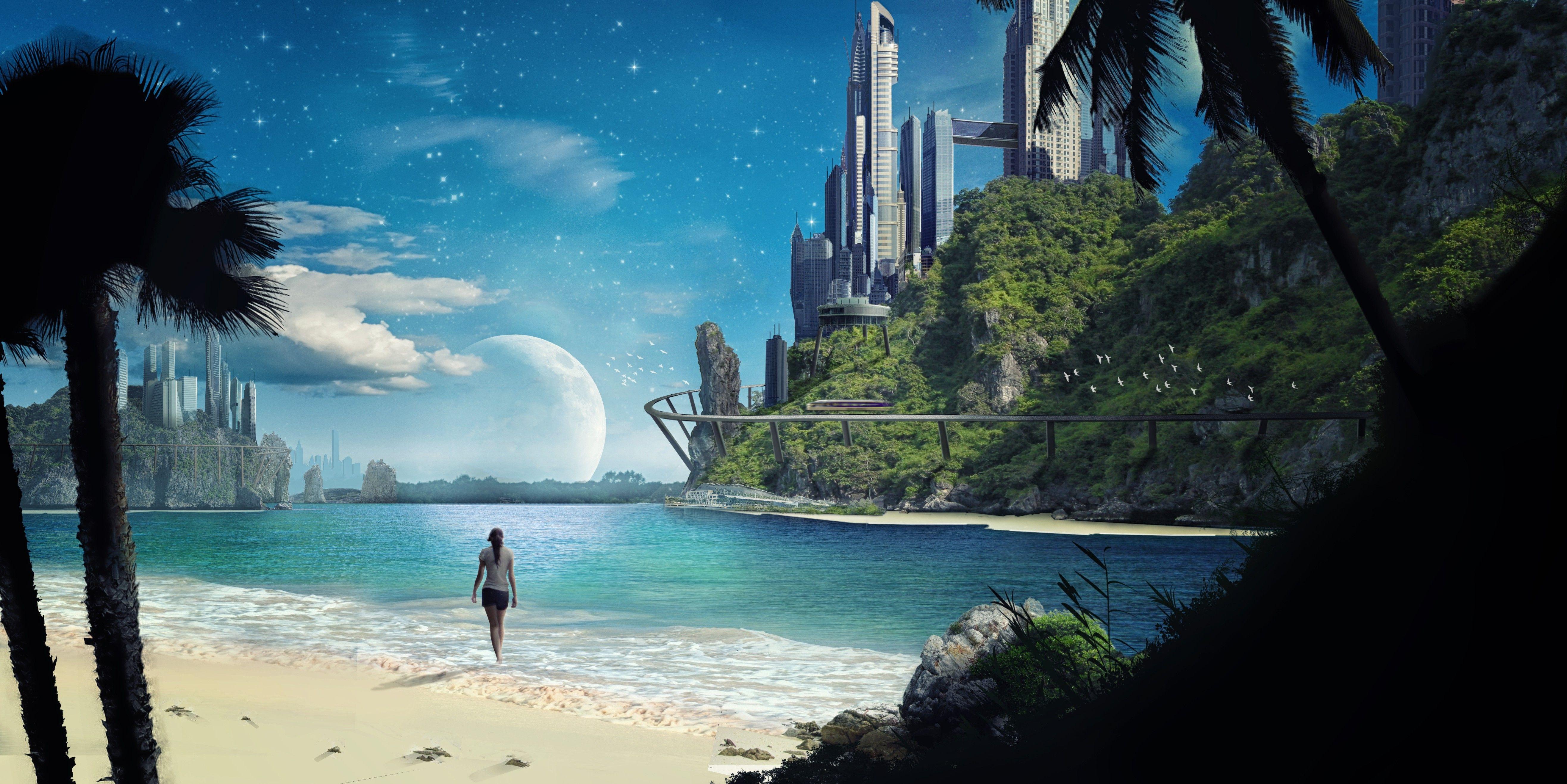 5265x2636 Matte Painting, Space, Futuristic, Beach, Sea Wallpaper HD