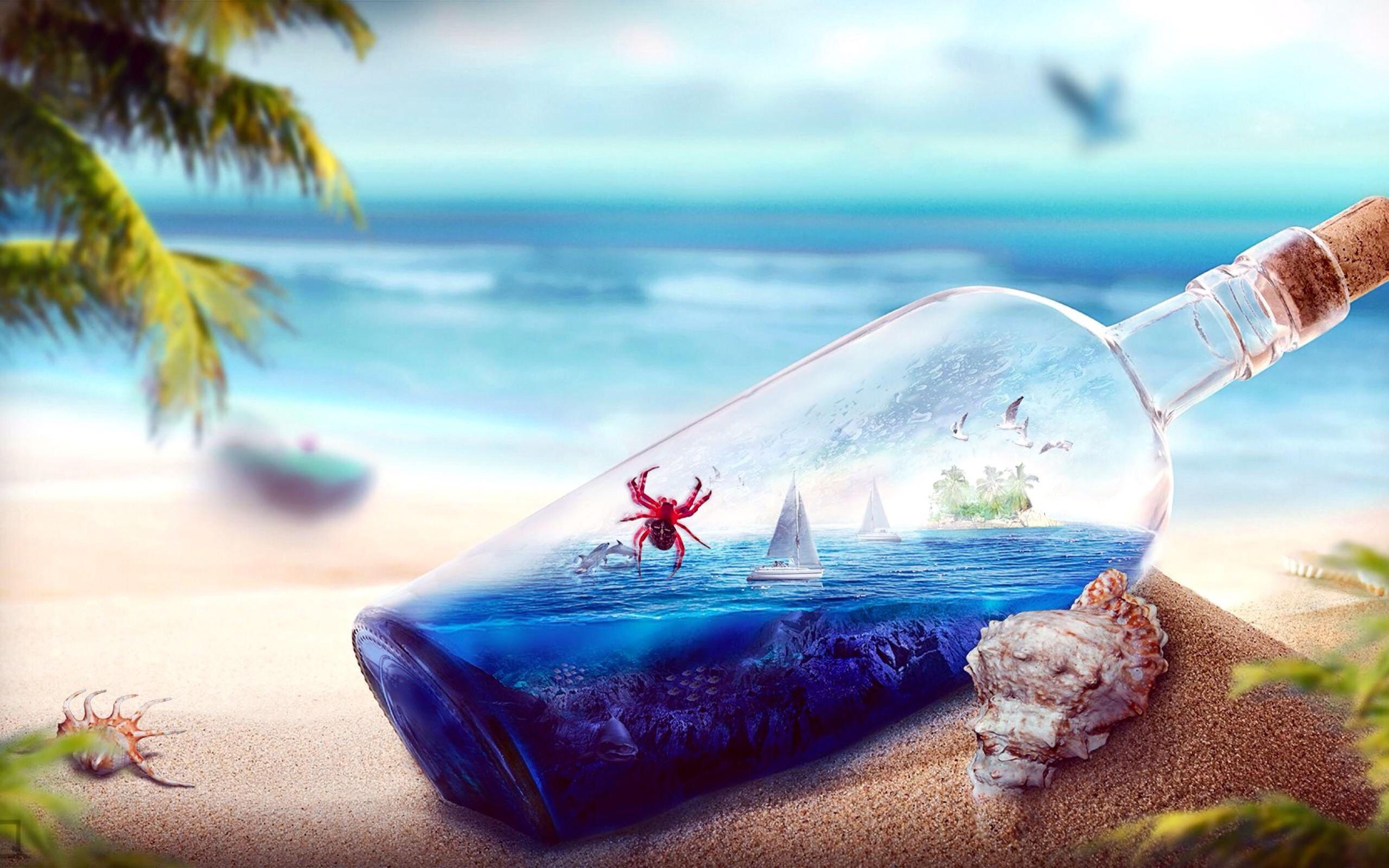 2560x1600 Glass Bottle Beach Sea Yacht Birds Dolphins In A Glass Bottle Digital Art Wallpaper HD 2560x1600 :