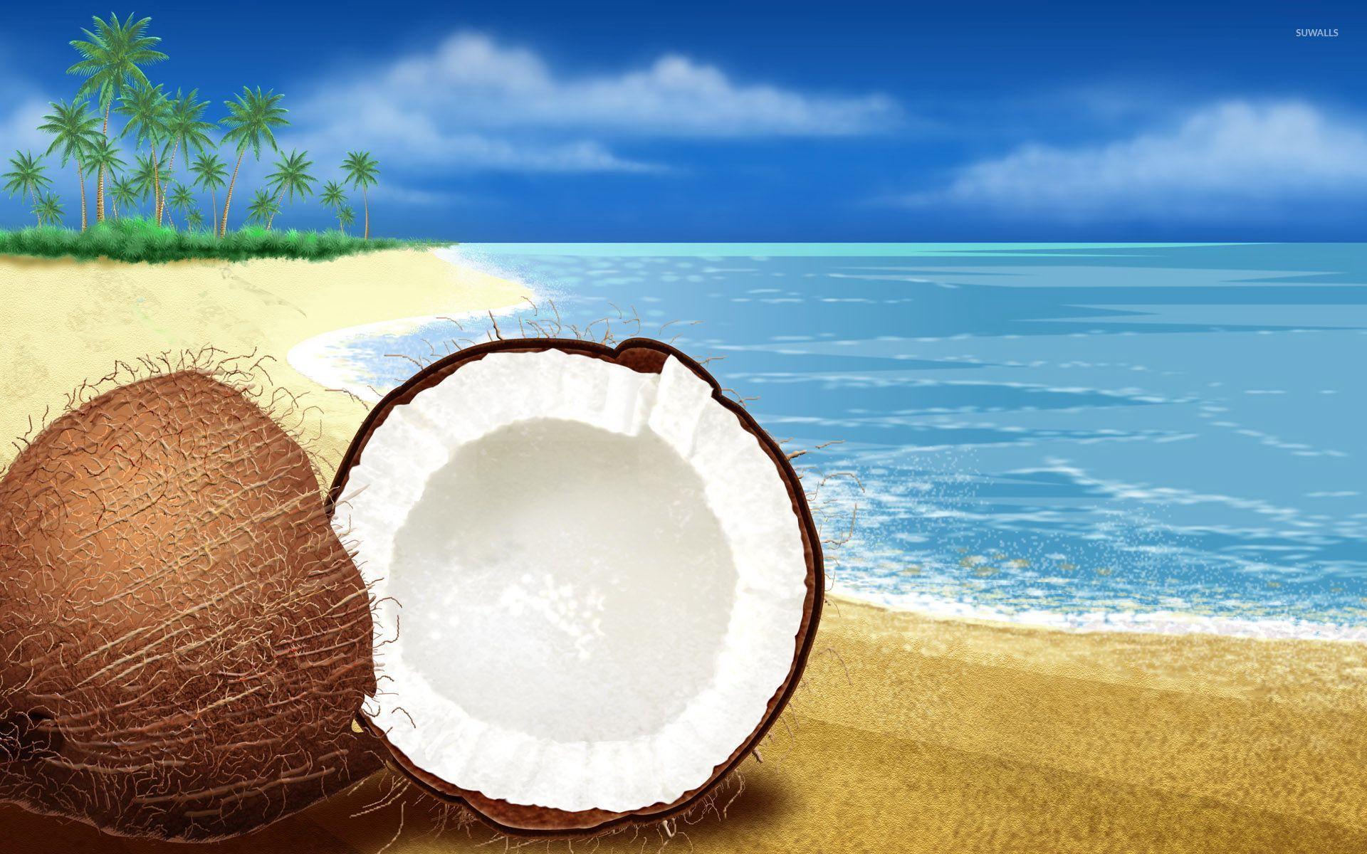 1920x1200 Coconut cut in half on the beach wallpaper Art wallpaper