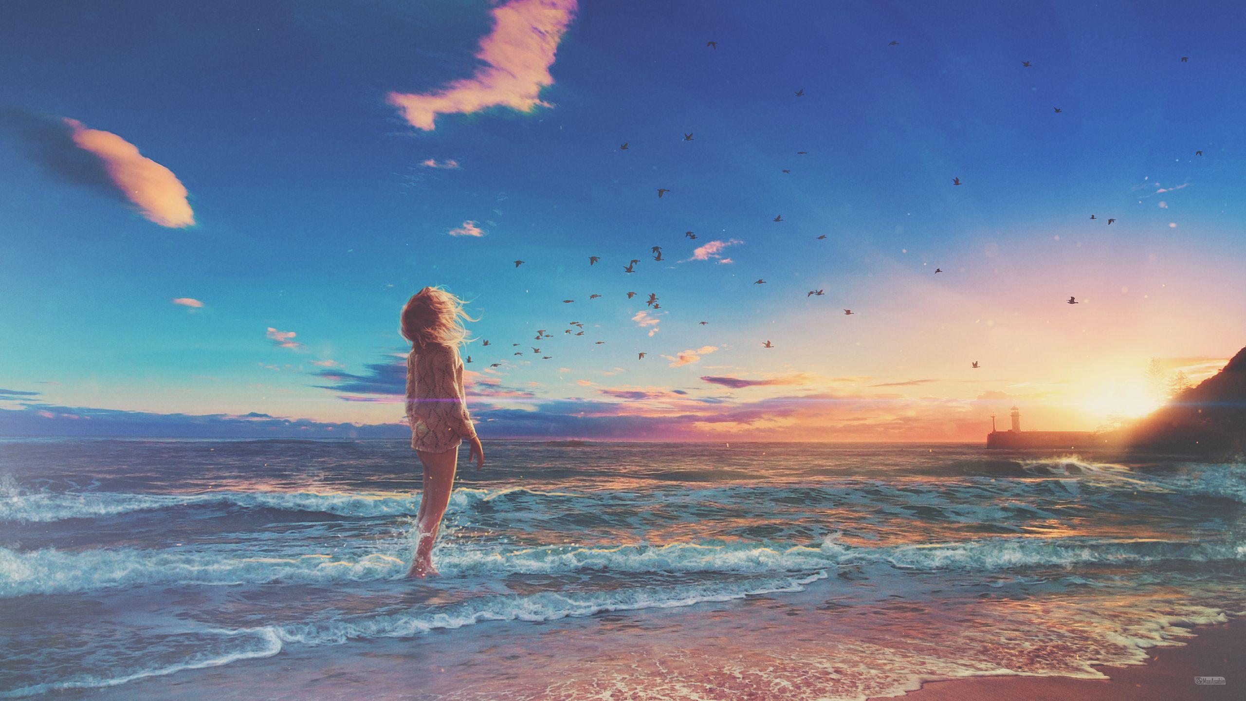 2560x1440 #Beach, #Morning, #Digital art, #Girl, #Surreal, #Sunrise