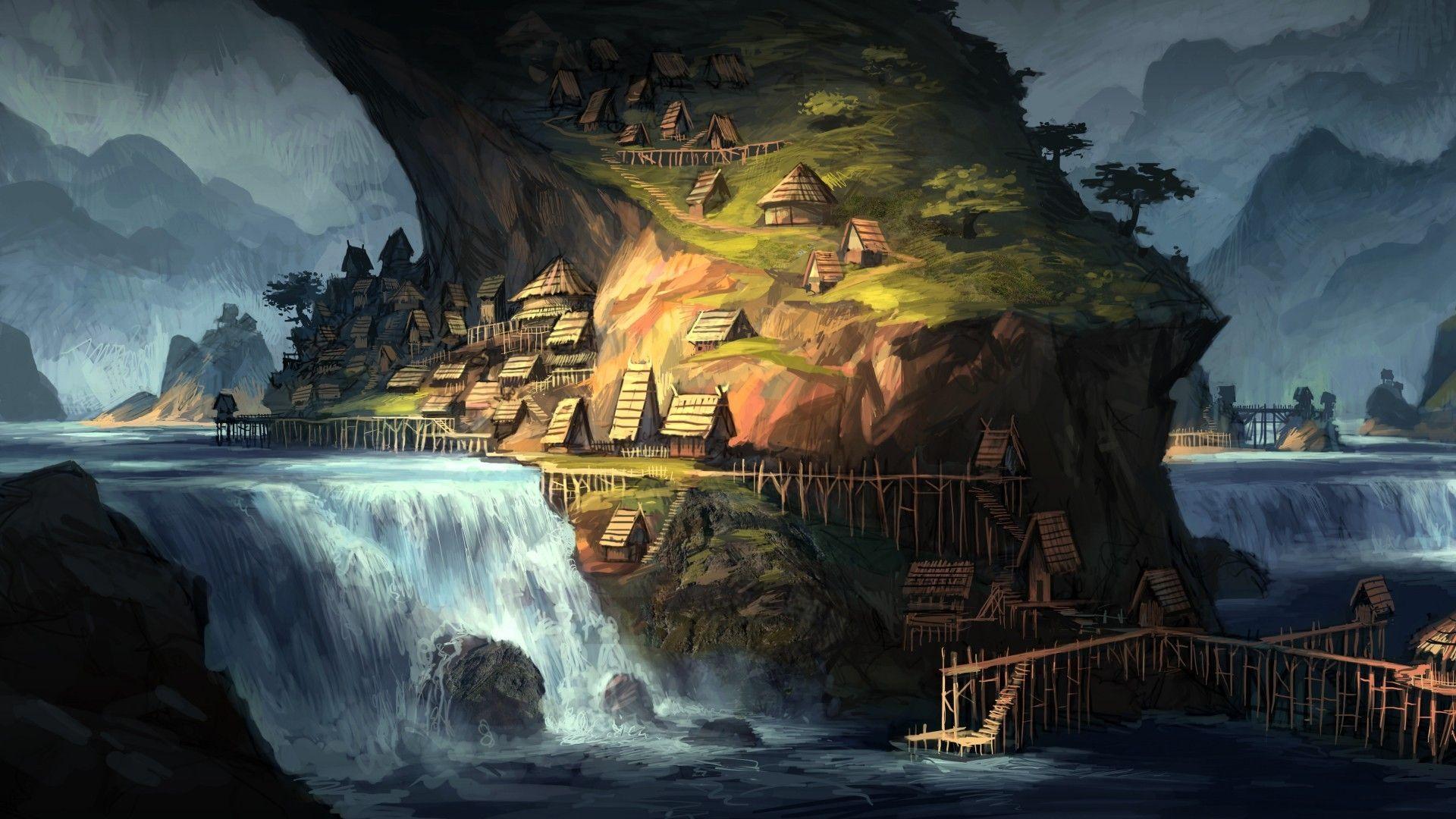 1920x1080 fantasy art, #house, #waterfall, #water, #digital art, #artwork
