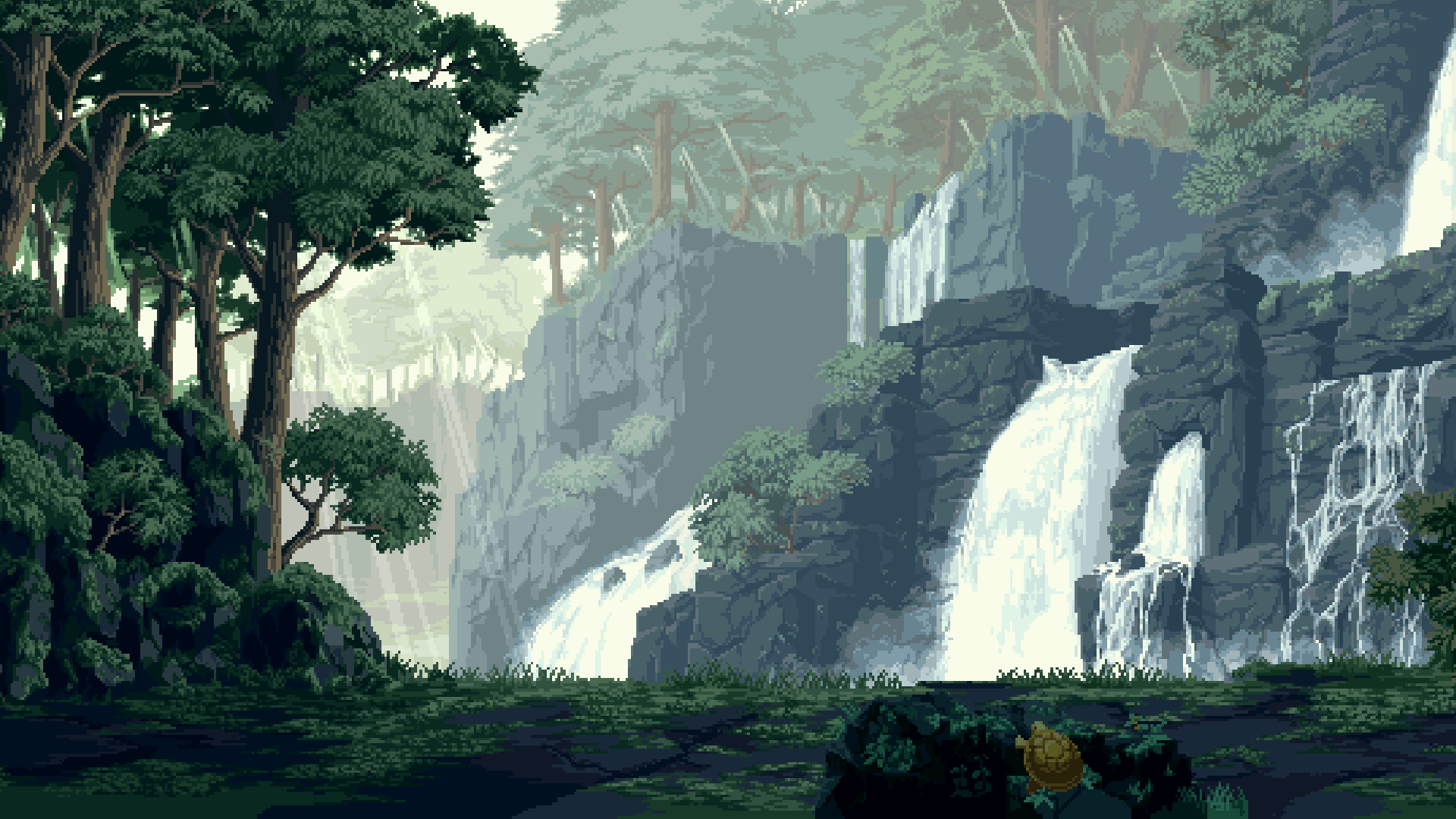 1920x1080 #rock, #landscape, #pixelated, #forest, #pixels, #trees