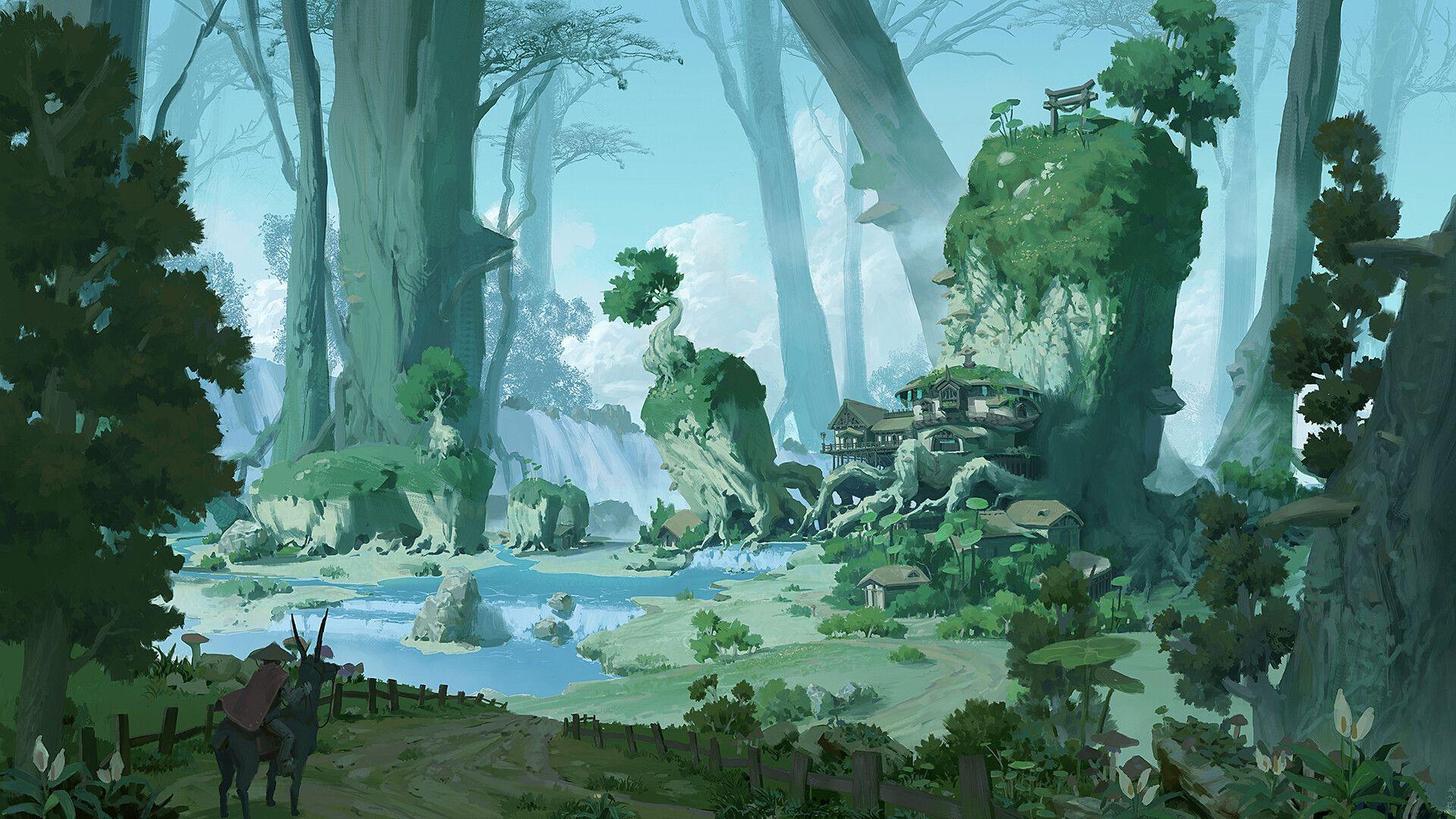 1920x1080 Pixel Cat Fantasy Art Digital Art River Forest Fence Village