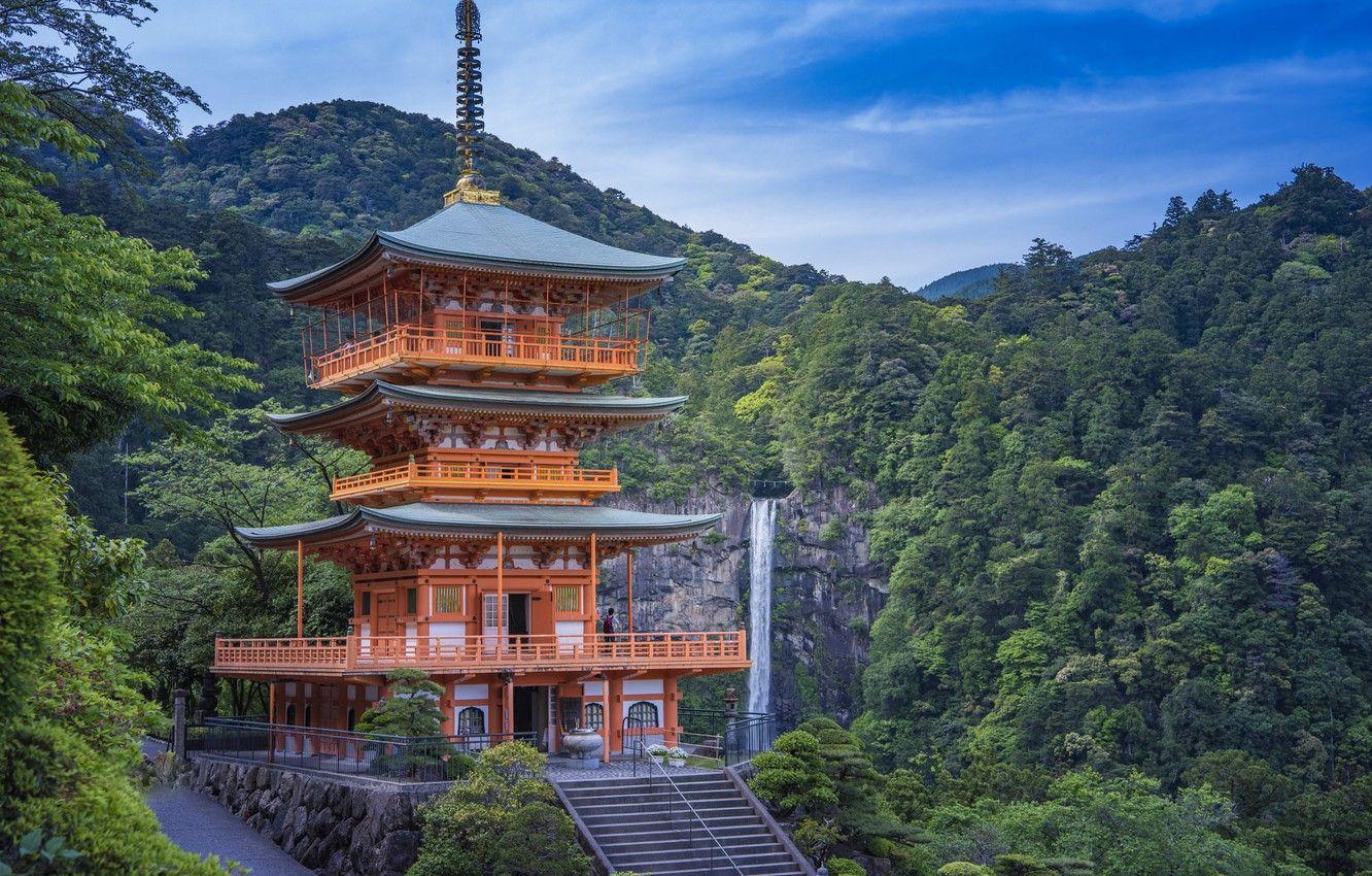 1332x850 Wallpaper forest, mountains, waterfall, pagoda, Japan, Nachi Falls, Seigantoji Pagoda image for desktop, section пейзажи